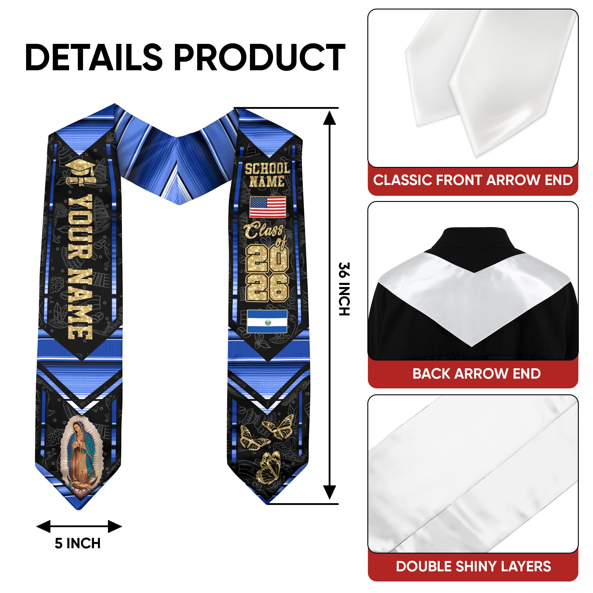 Salvadoran Flag Graduation Sash 2026, El Salvador Graduation Stole, Customizable Detail