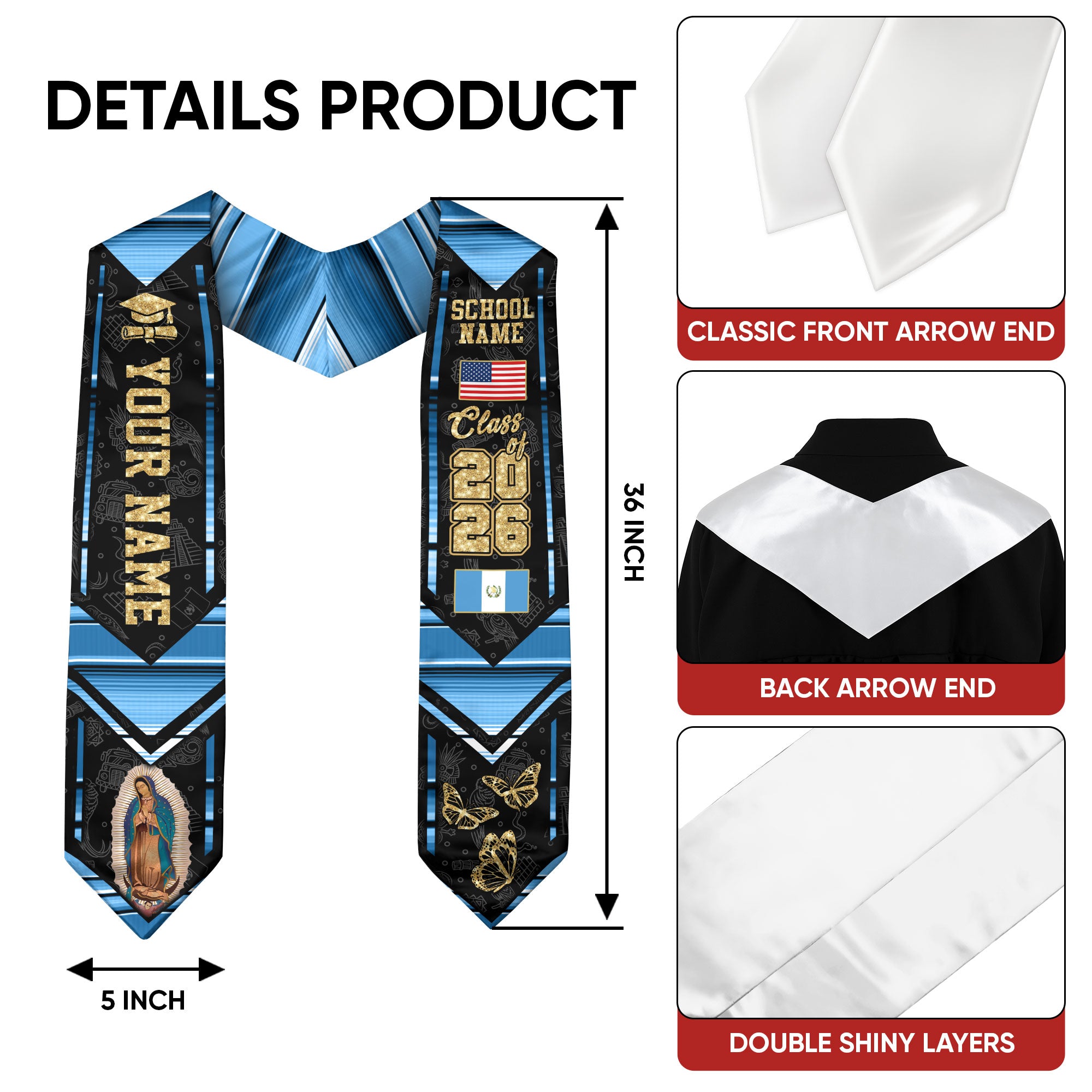 2026 Guatemala Graduation Stole, Guatemala Flag Stole, Guatemala Sash