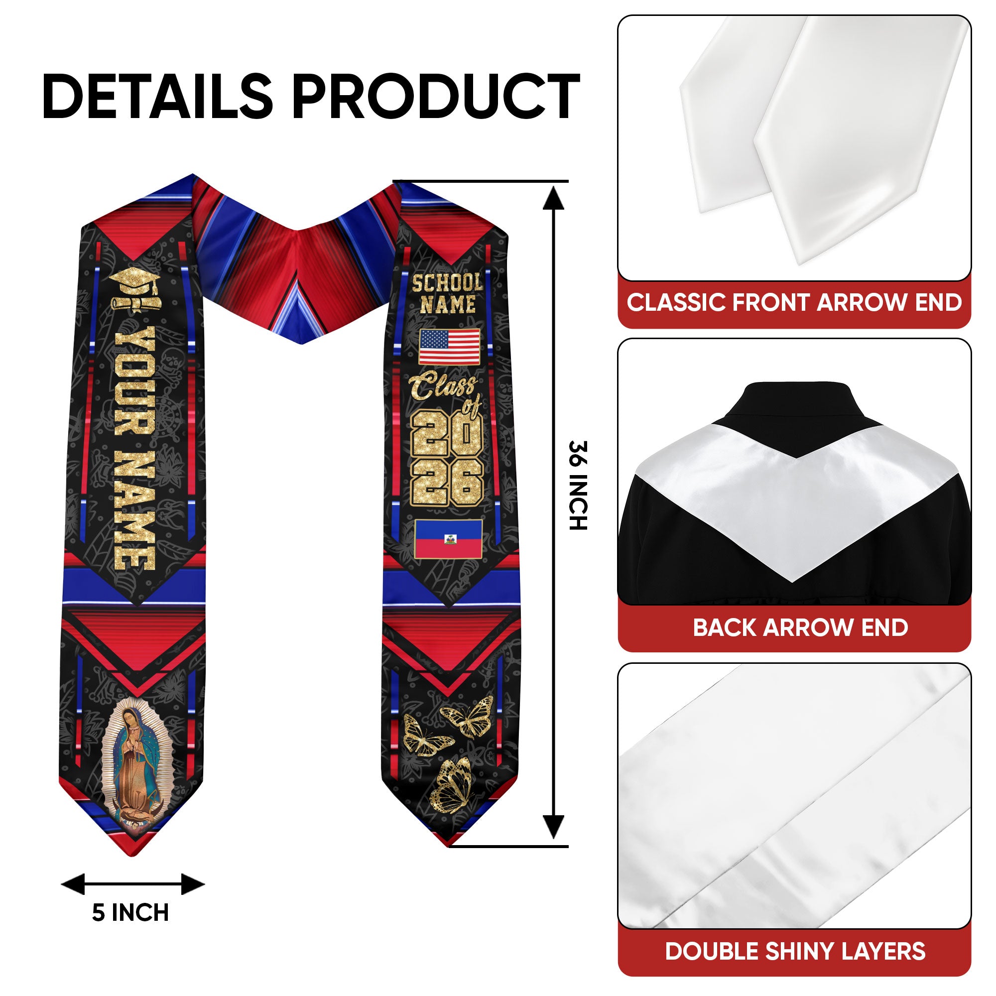 Haitian Flag Graduation Sash 2026, Haiti Graduation Stole, Customizable Detail Stole