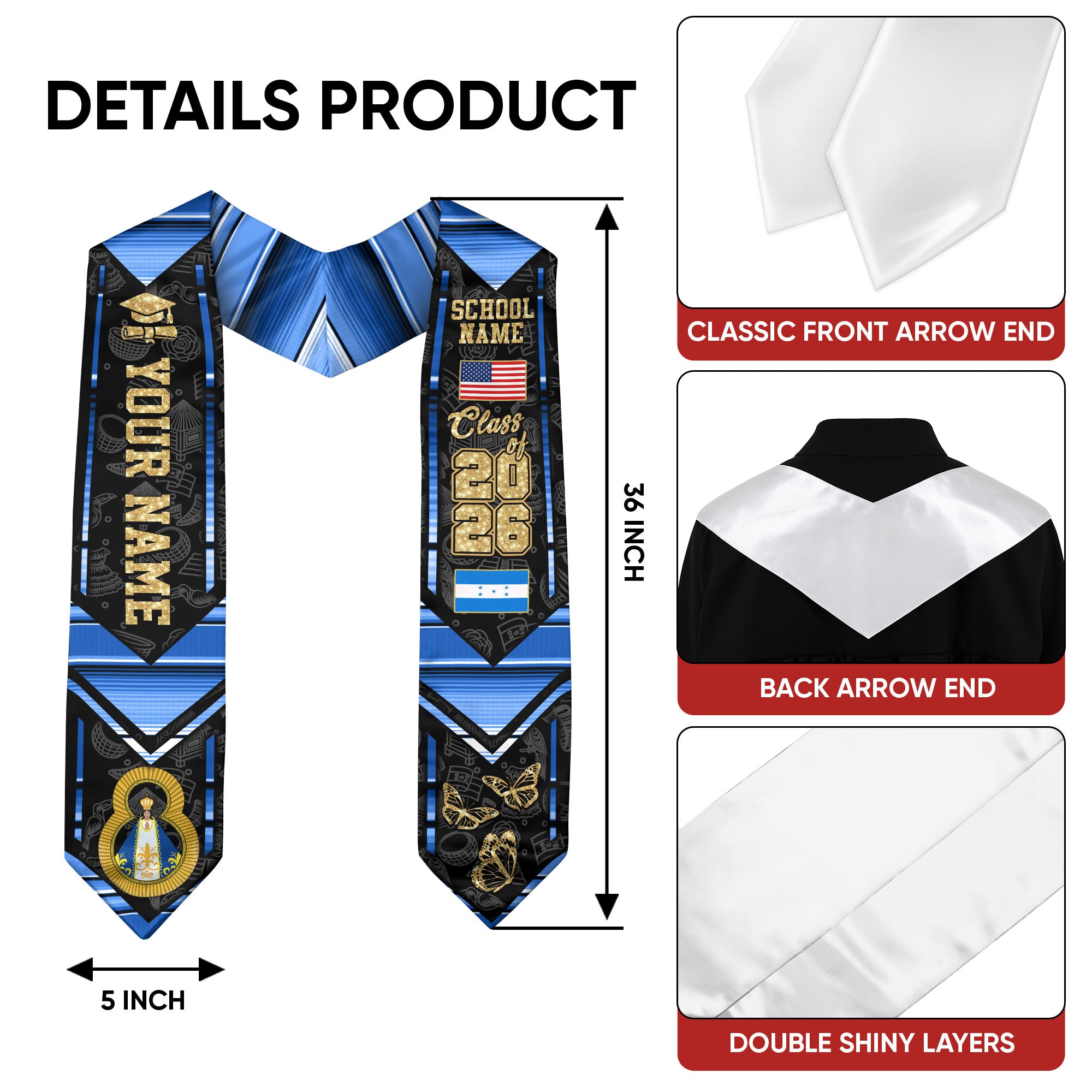 Honduran Flag Graduation Sash 2026, Honduras Graduation Stole, Customizable Detail Stole