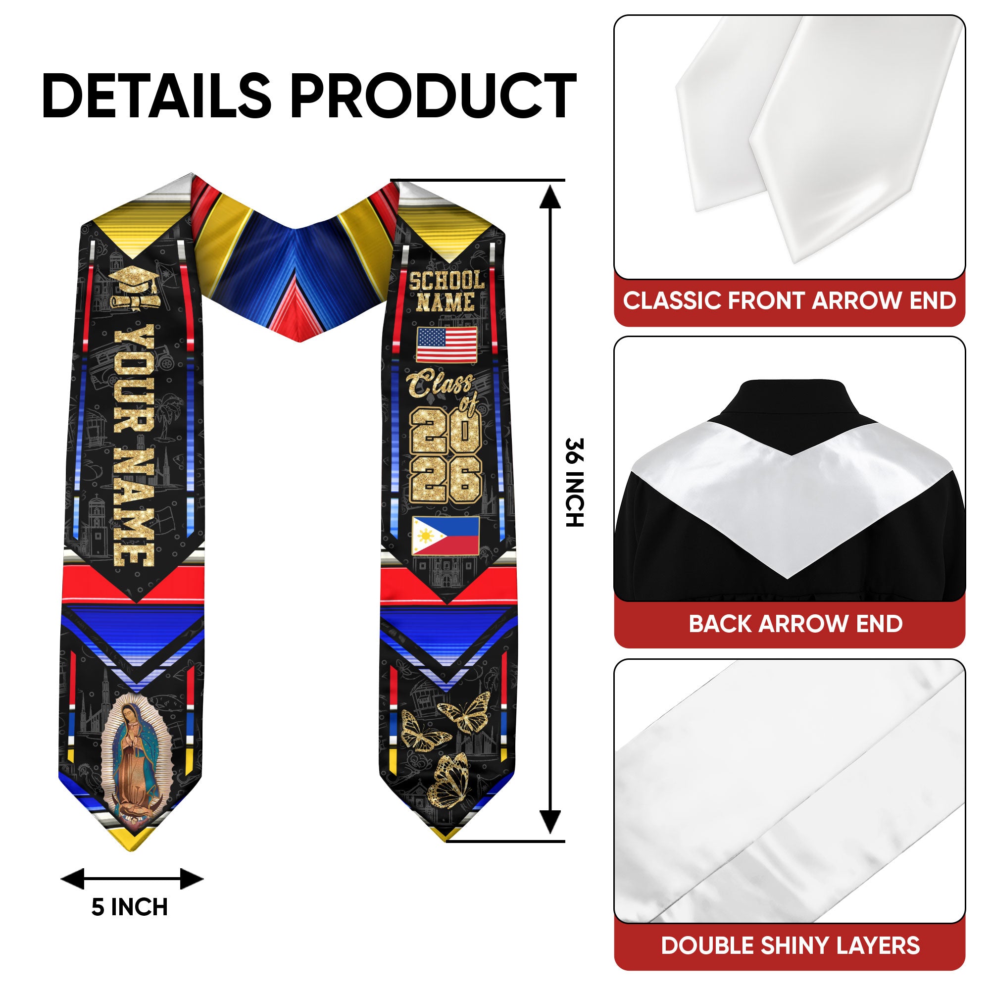 Filipino Flag Graduation Sash 2026, Philippines Graduation Stole, Customizable Detail Stole