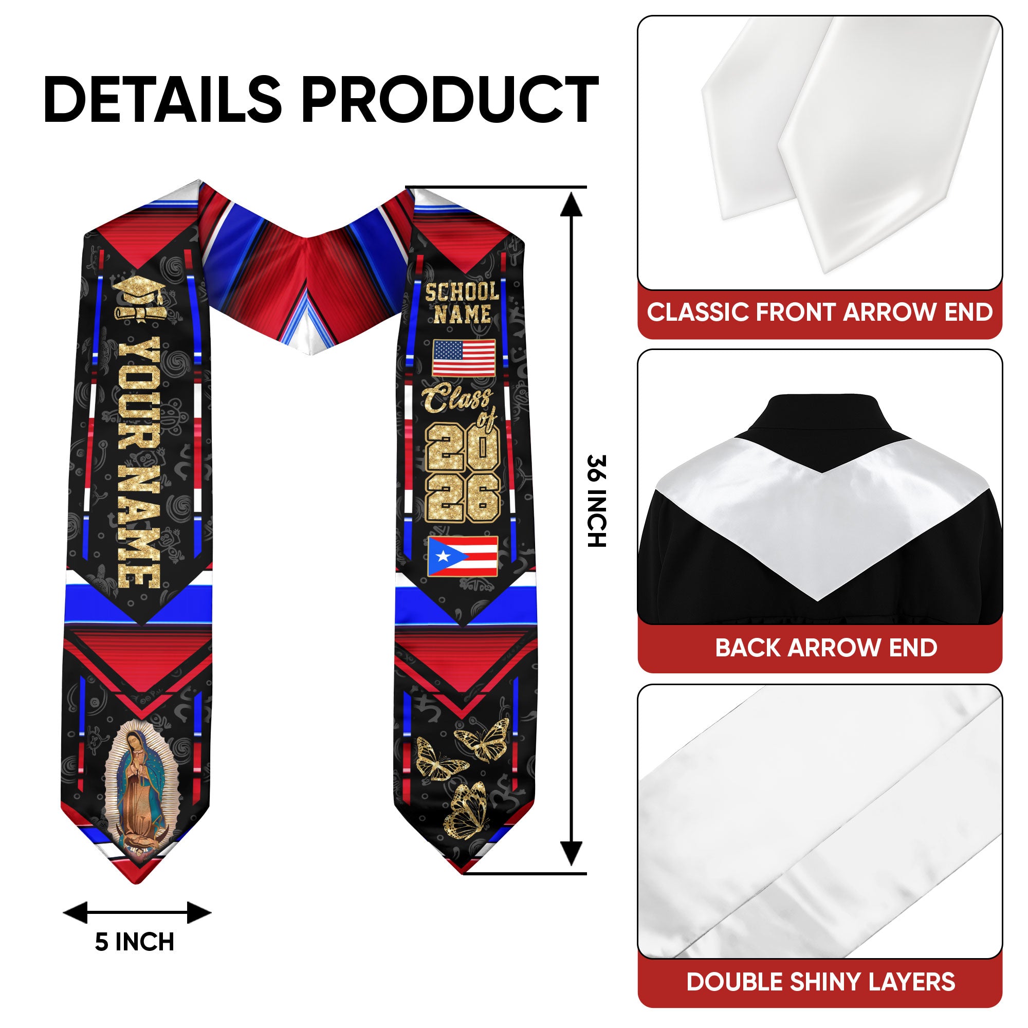 Puerto Rican Flag Graduation Sash 2026, Puerto Rico Graduation Stole, Customizable Detail