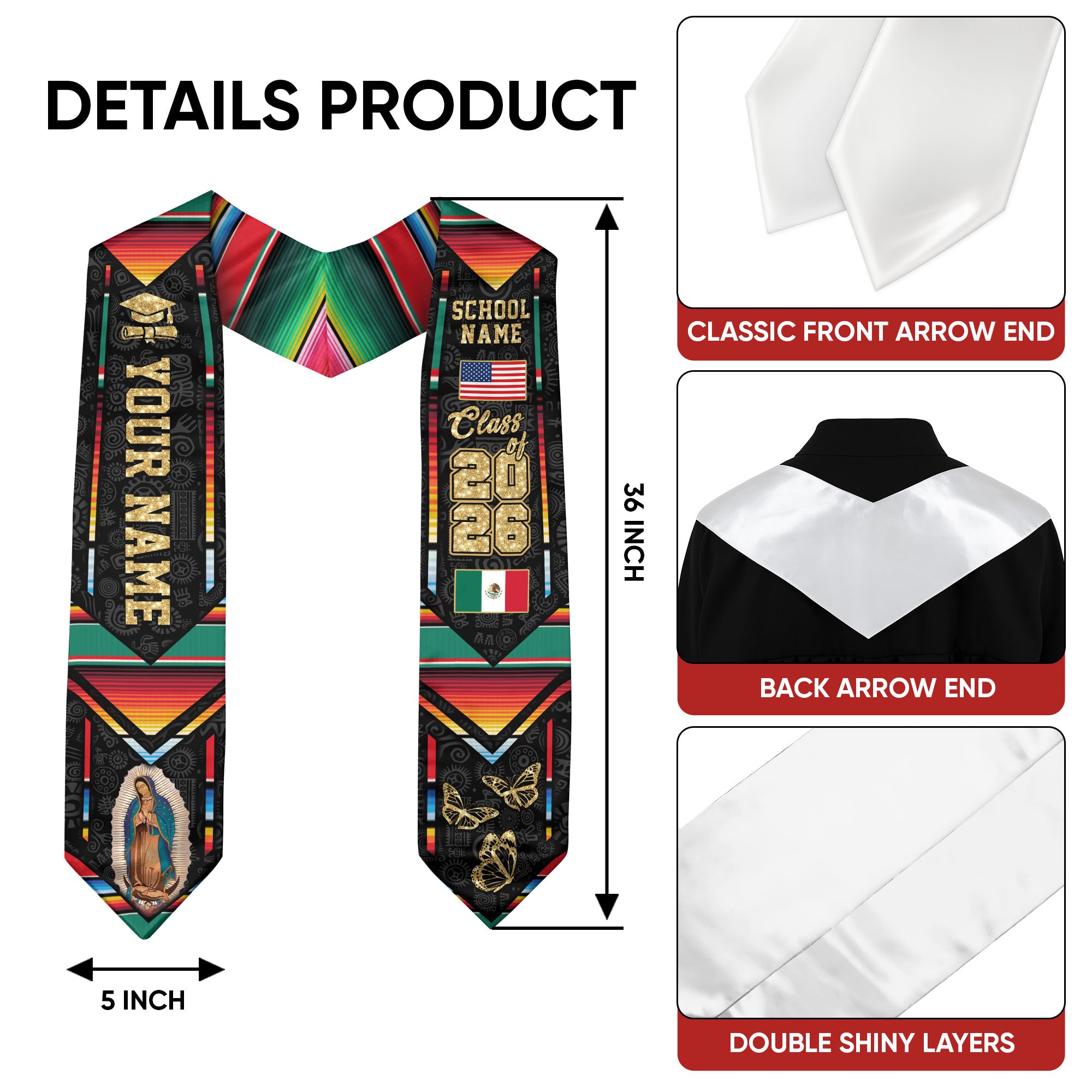 Mexican Flag Graduation Sash 2026, Mexico Graduation Stole, Customizable Detail Stole