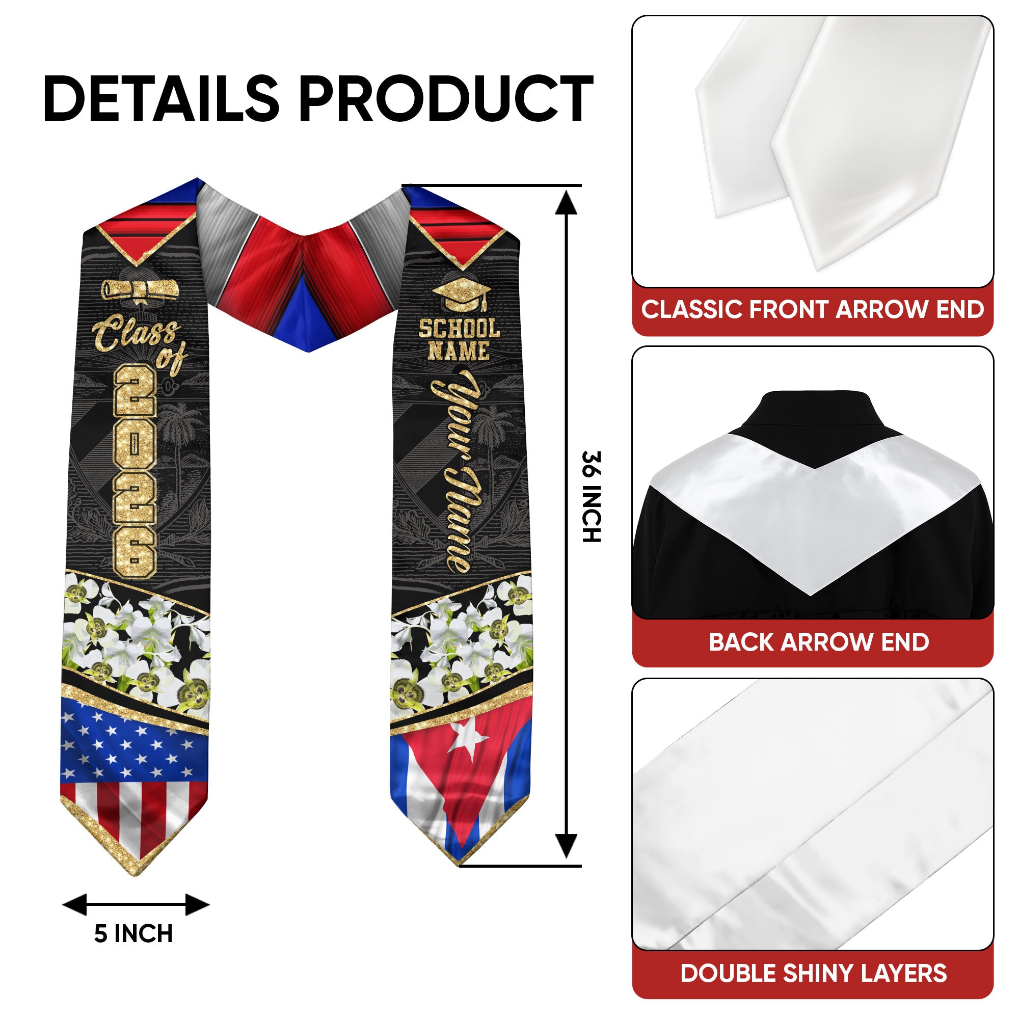 Cuban Graduation Sash 2026, Cuba Graduation Stole, Stole with Personalized Finish for Grads