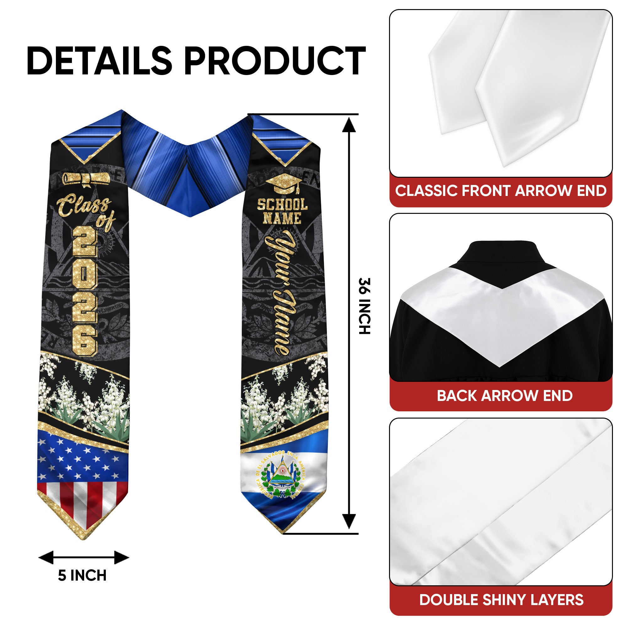 El Salvador Graduation Sash 2026, Salvadoran Graduation Stole, Stole with Personalized Finish