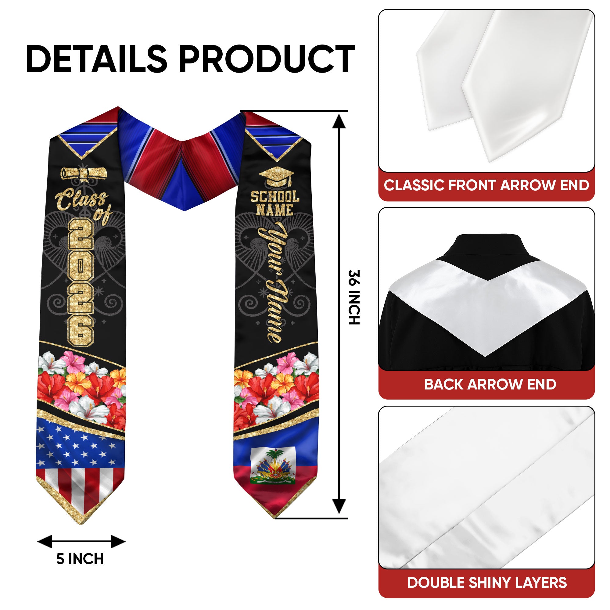 Haitian Graduation Sash 2026, Haiti Graduation Stole, Stole with Personalized Finish