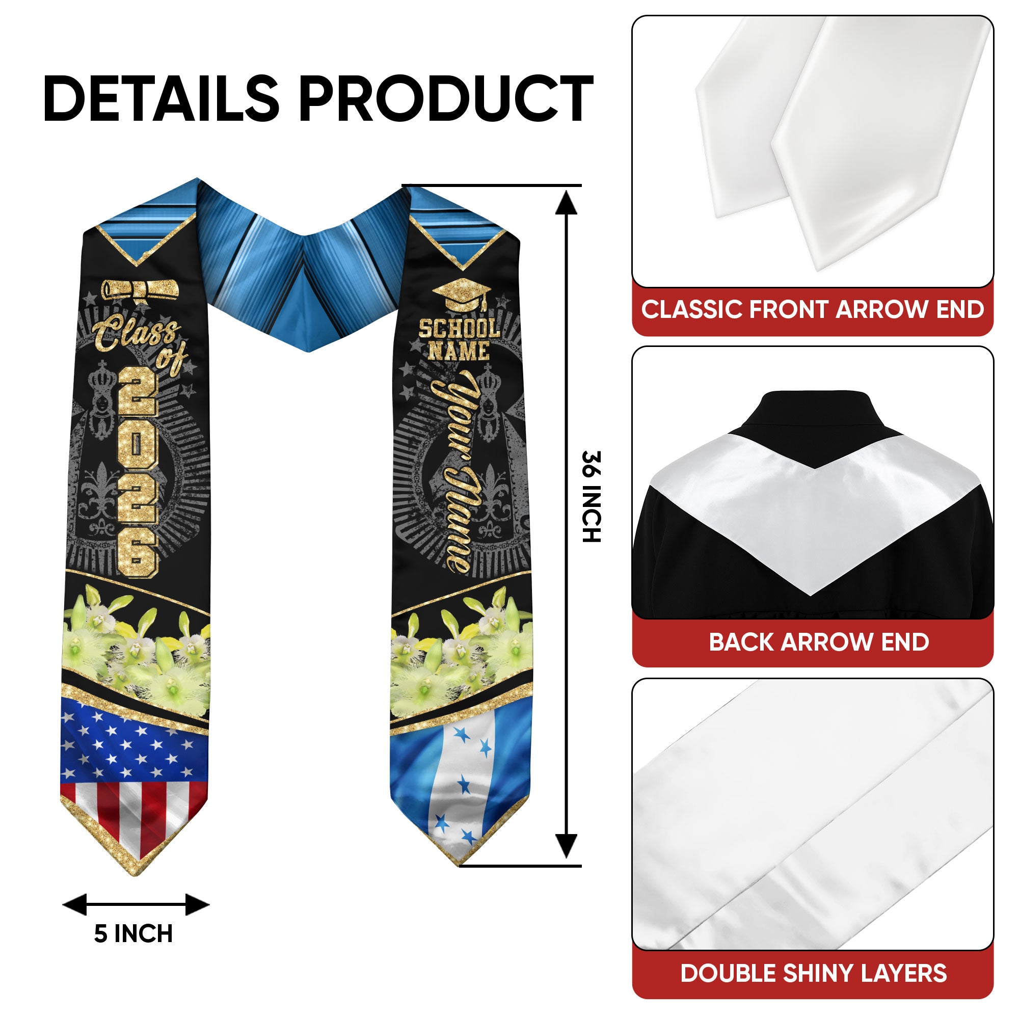 Honduras Graduation Sash 2026, Honduran Graduation Stole, Stole with Personalized Finish