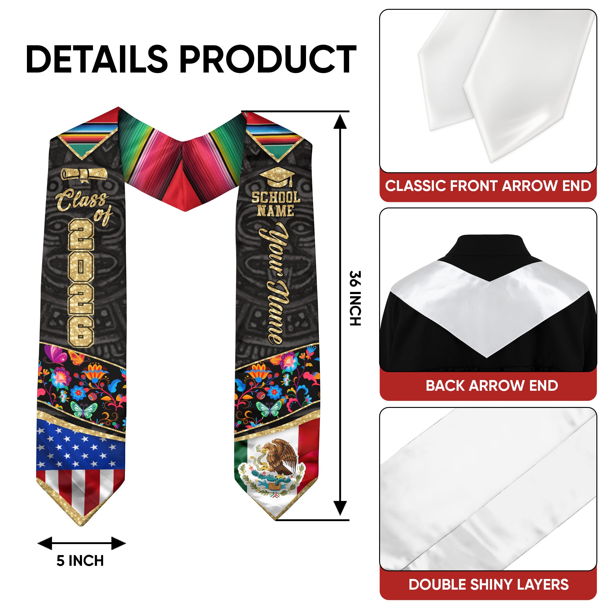 Mexican Graduation Sash 2026, Mexico Graduation Stole, Stole with Personalized Finish