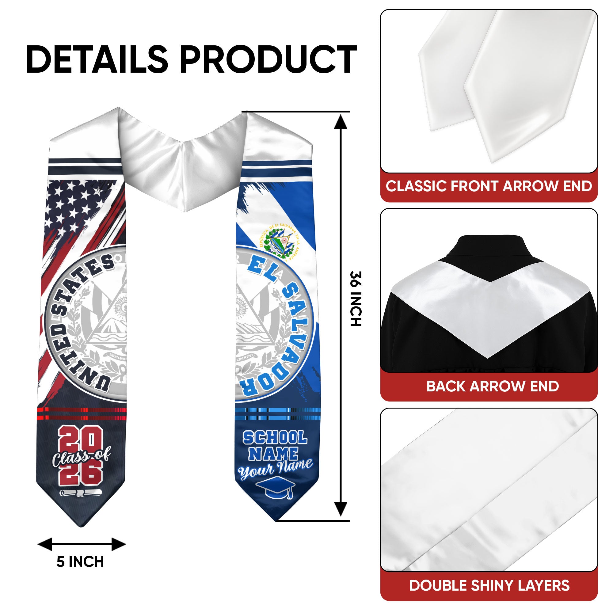 El Salvador Flag Graduation Stole 2026, Salvadoran Grad Sash, Graduation Stole Custom Details