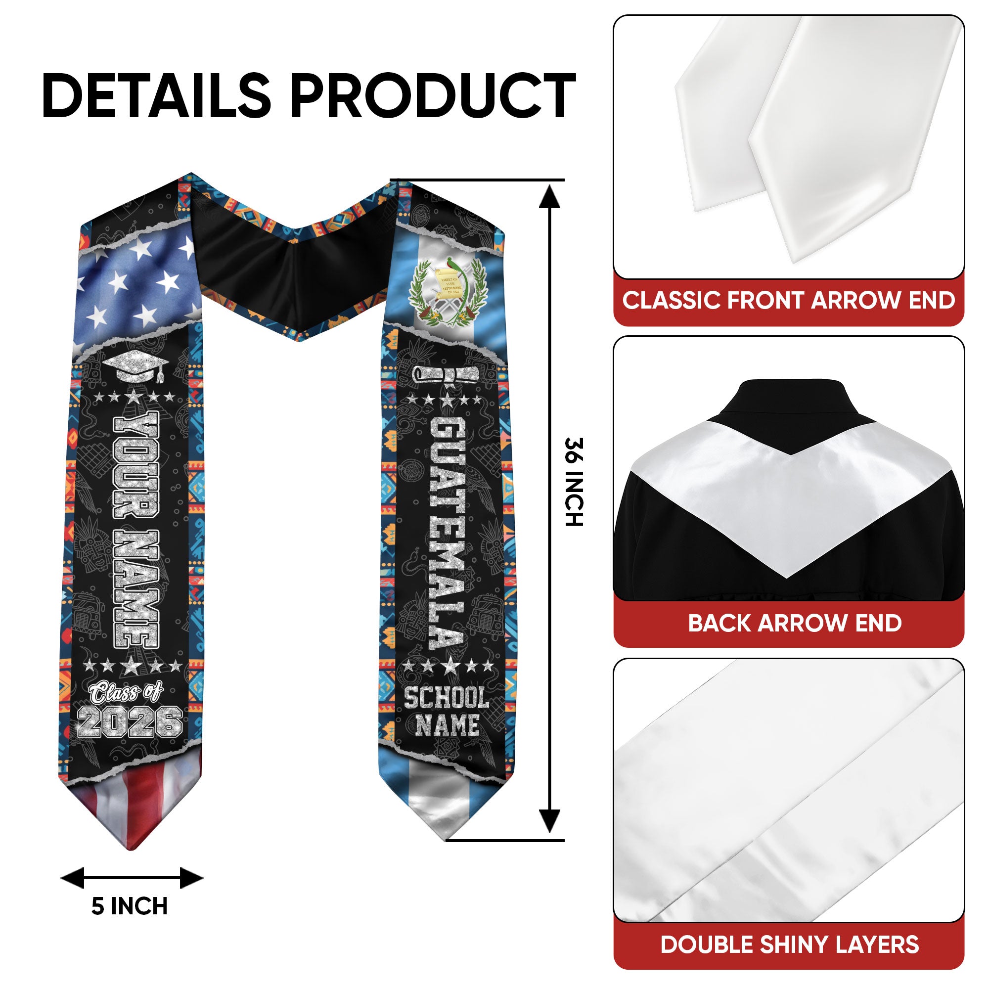 2026 Guatemala Flag Stole, Guatemala Stole, Guatemala Graduation Sash
