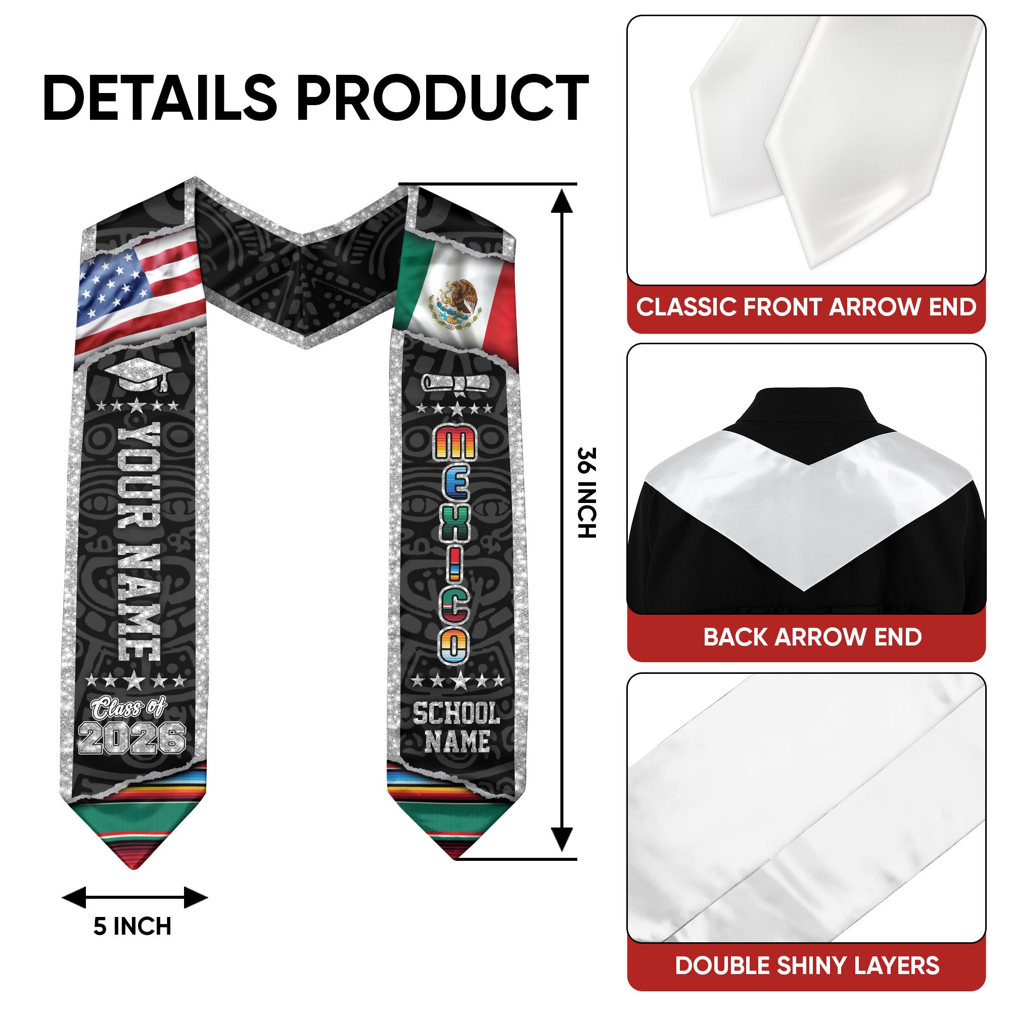 Mexico Flag Graduation Stole 2026, Mexican Grad Sash, Graduation Stole with Custom Details