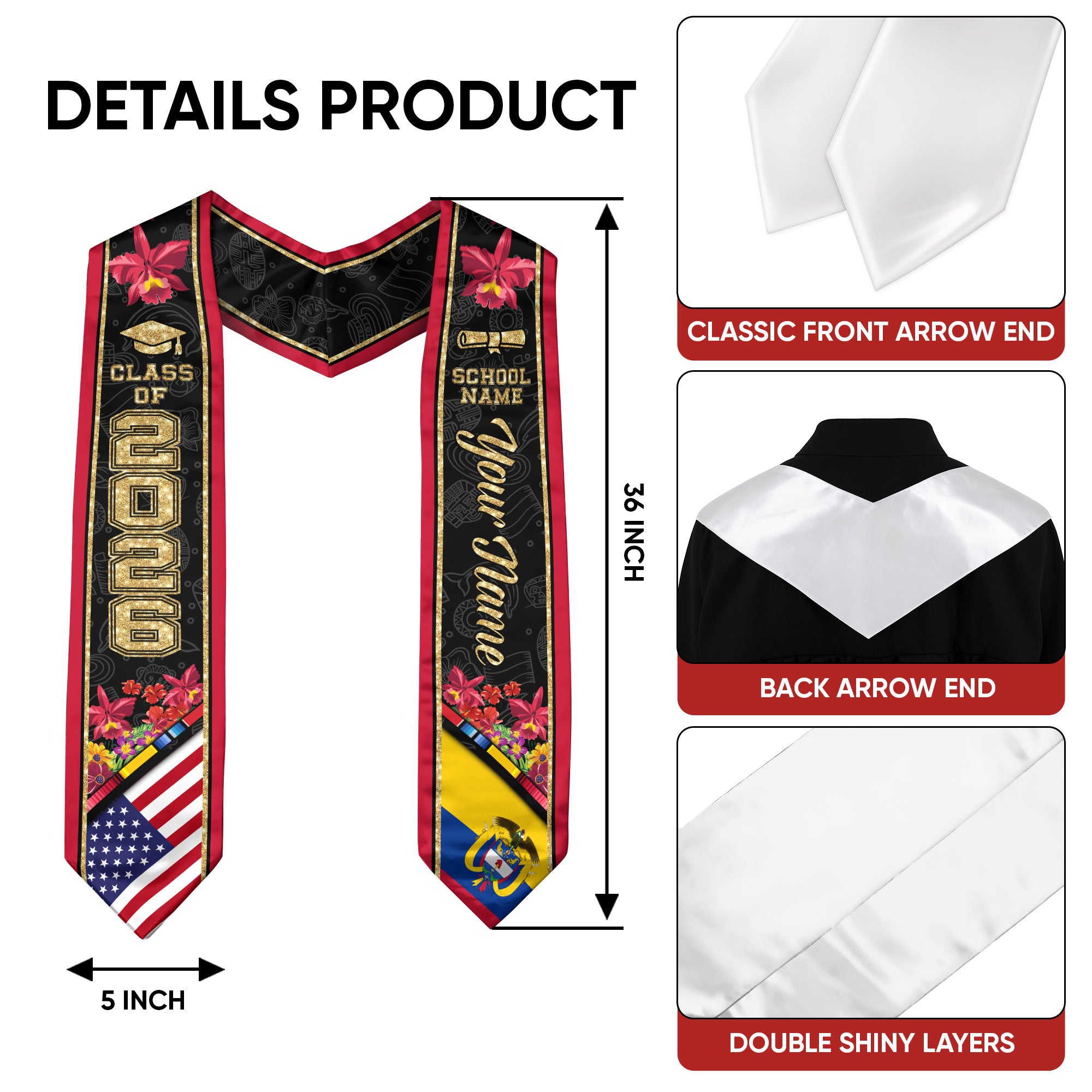 Colombia Graduation Stole 2026, Colombia Flag Sash, Custom Accent Graduation Stole 2026