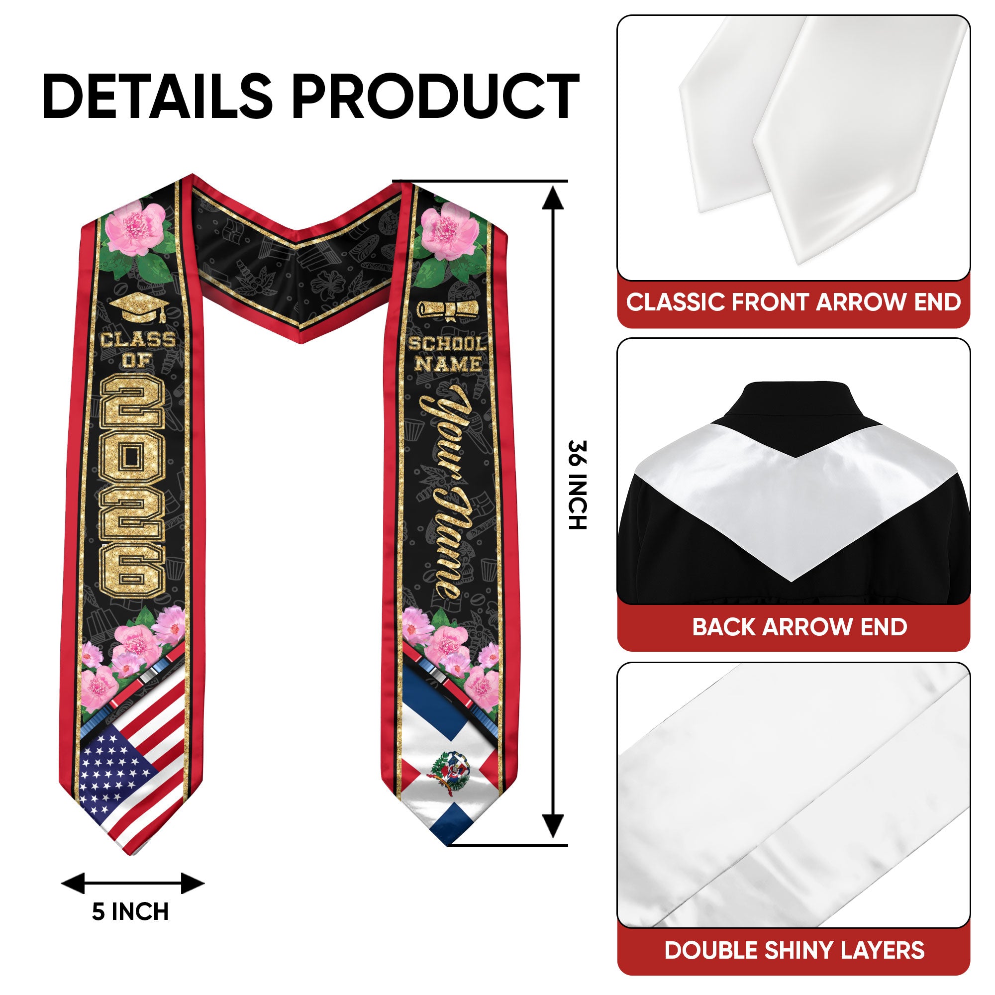 Dominican Graduation Stole 2026, Dominican Flag Sash, Custom Accent Graduation Stole 2026
