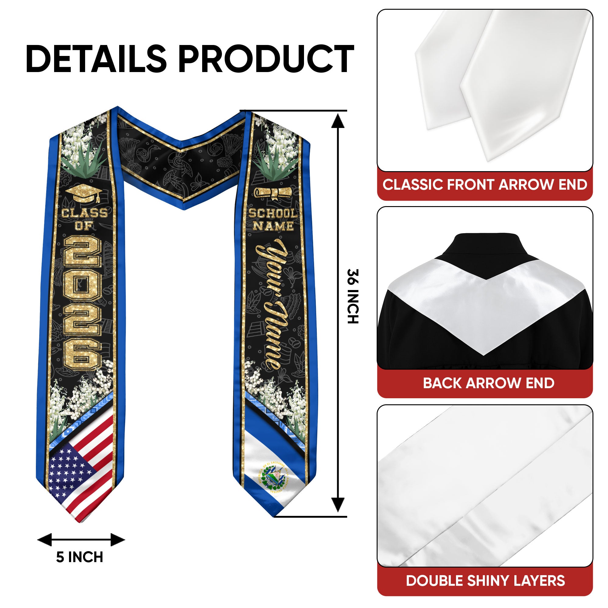 El Salvador Graduation Stole 2026, El Salvador Flag Sash, Custom Accent for Class of 2026