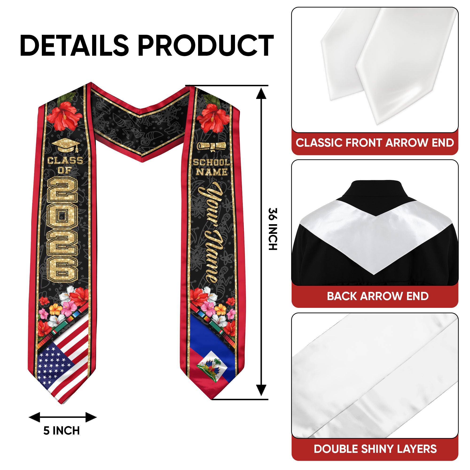 Haiti Graduation Stole 2026, Haitian Flag Sash, Custom Accent Graduation Stole 2026