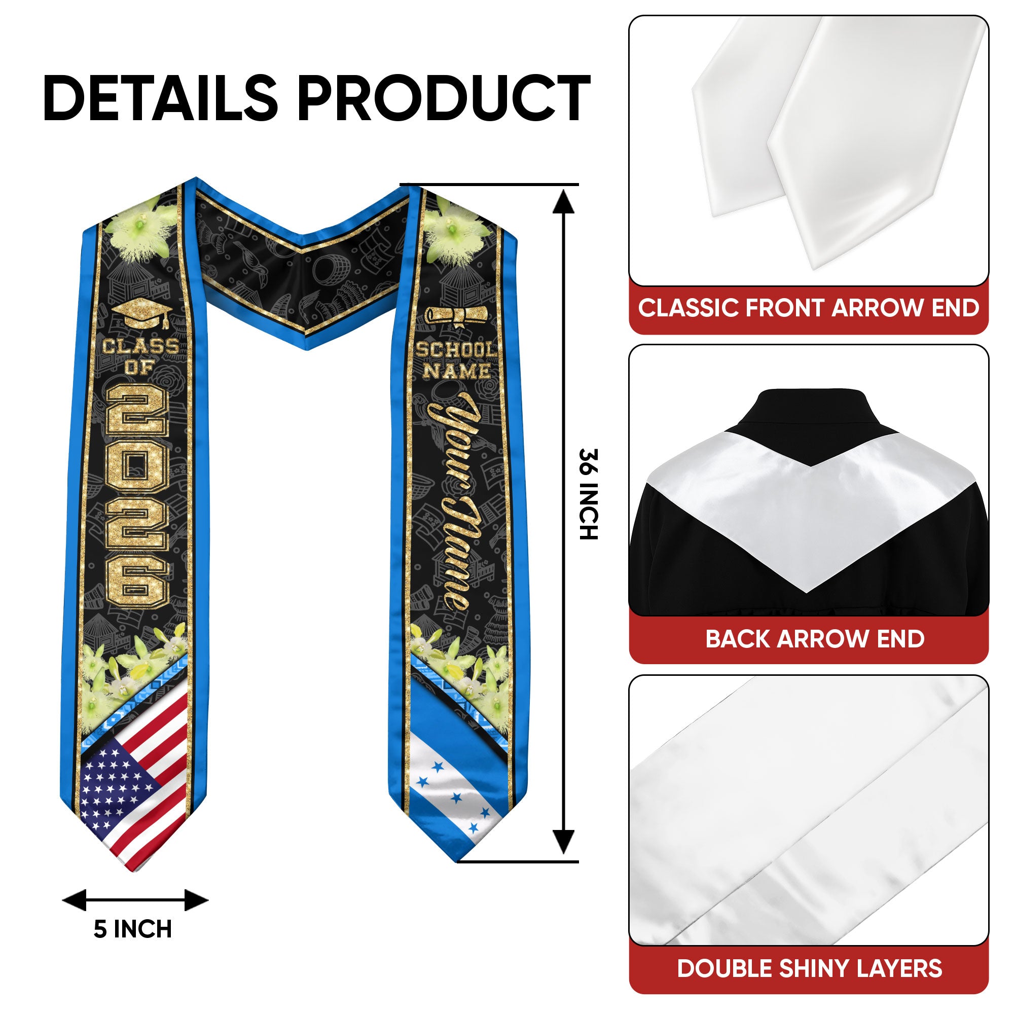 Honduras Graduation Stole 2026, Honduran Flag Sash, Custom Accent for Class of 2026