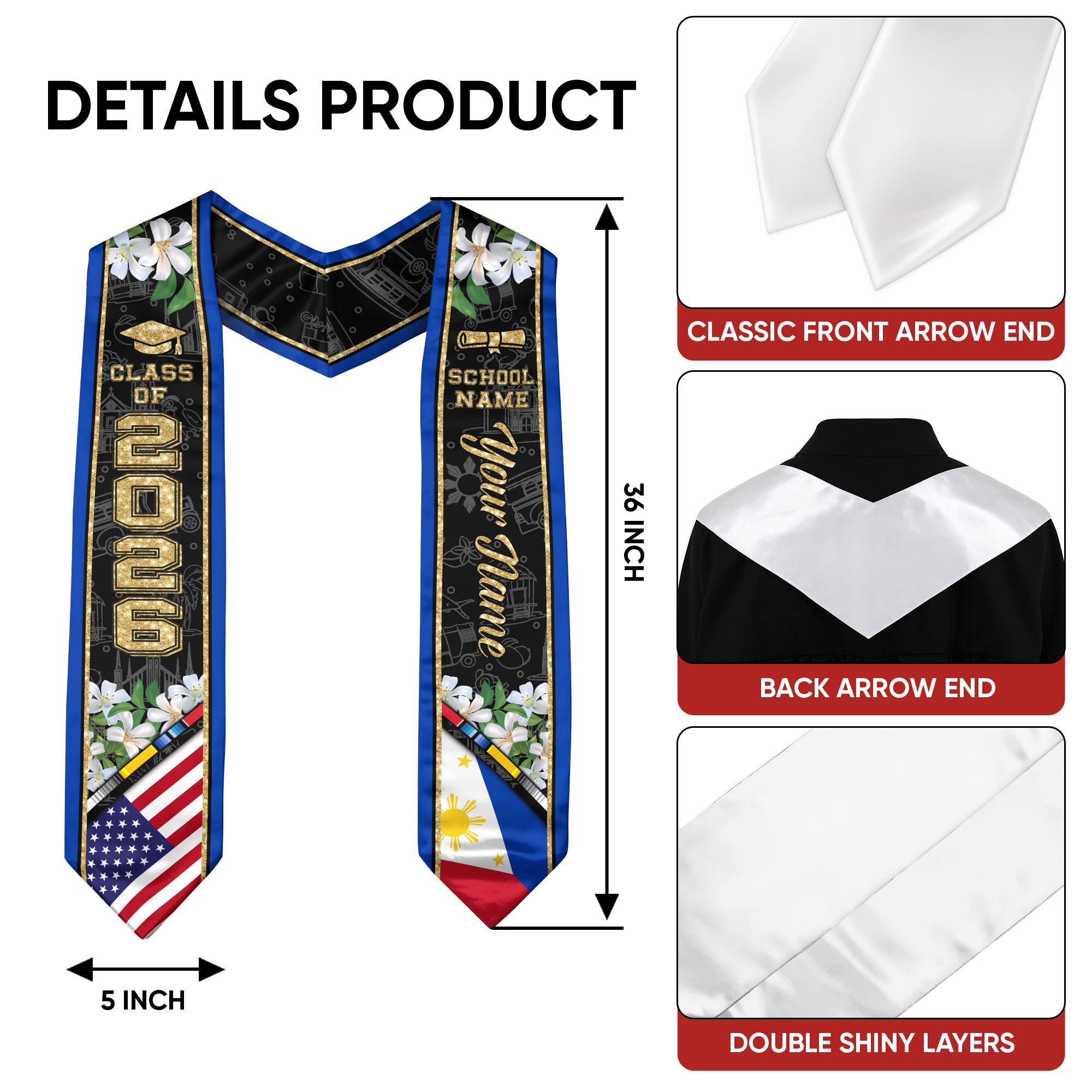Philippines Graduation Stole 2026, Philippines Flag Sash, Custom Accent for Class of 2026