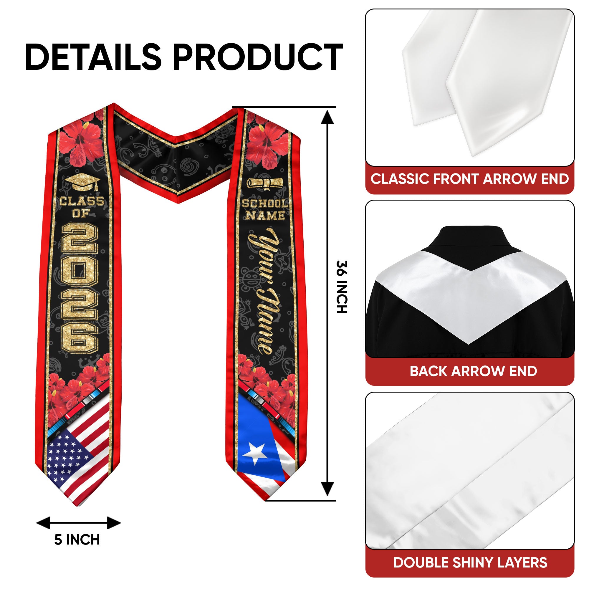 Puerto Rico Graduation Stole 2026, Puerto Rico Flag Sash, Custom Accent Class of 2026