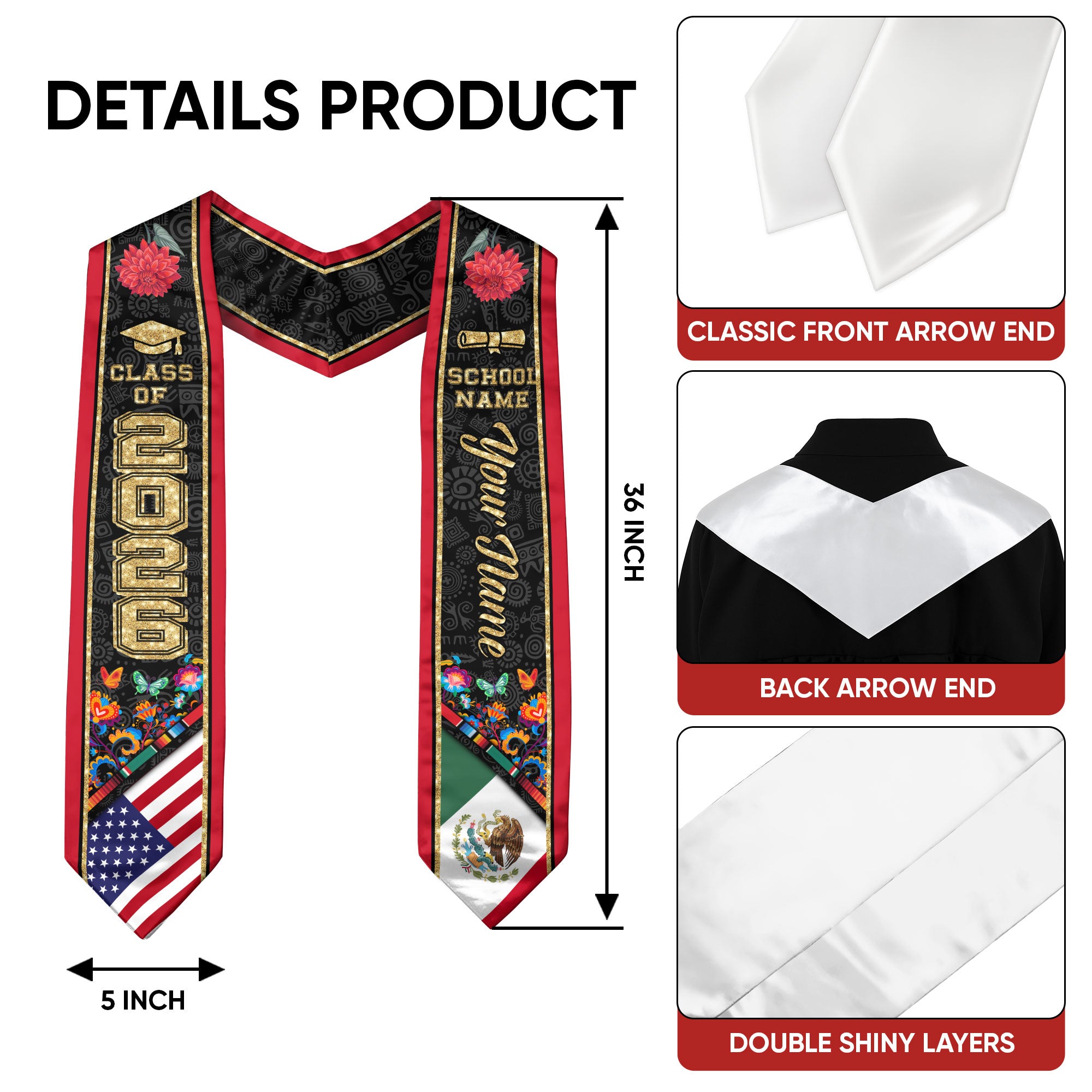 Mexican Graduation Stole 2026, Mexican Flag Sash, Custom Accent Graduation Stole 2026