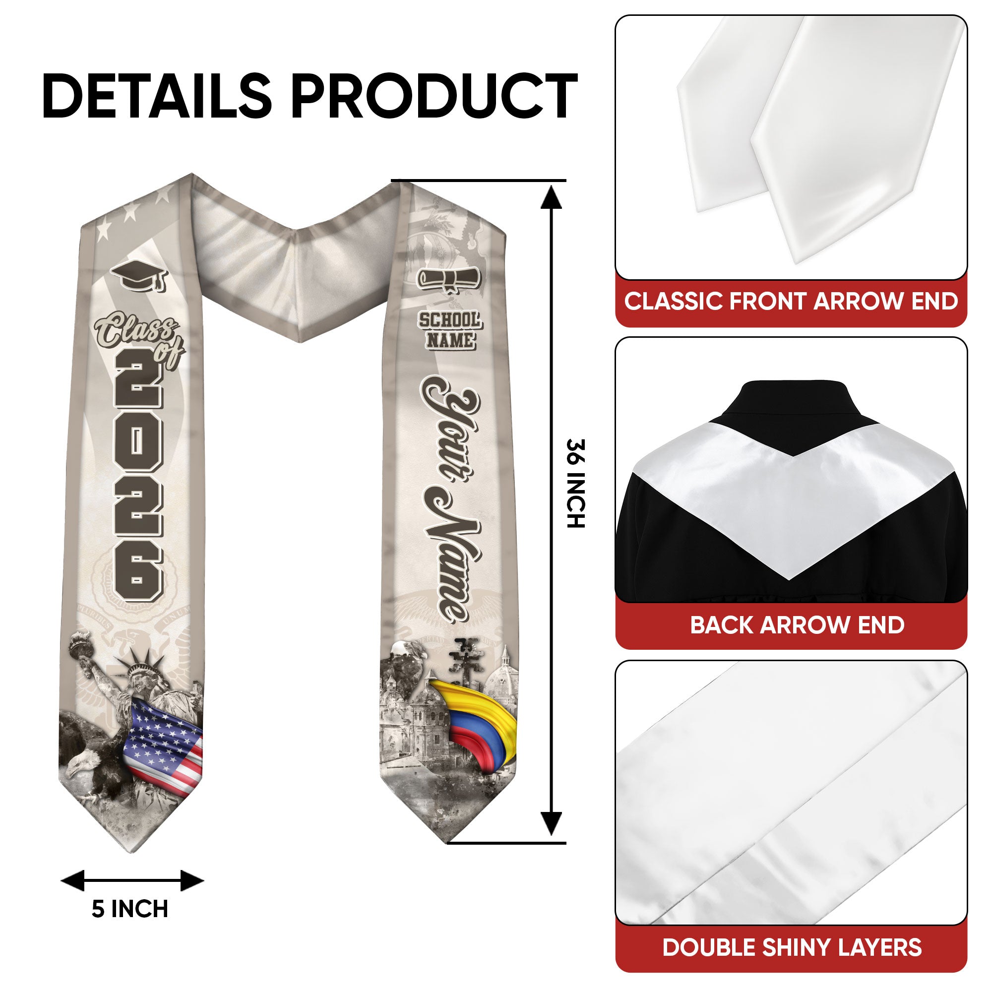 Colombian Flag Graduation Stole 2026, Colombia Stole Sash, Custom Touch for Class of 2026