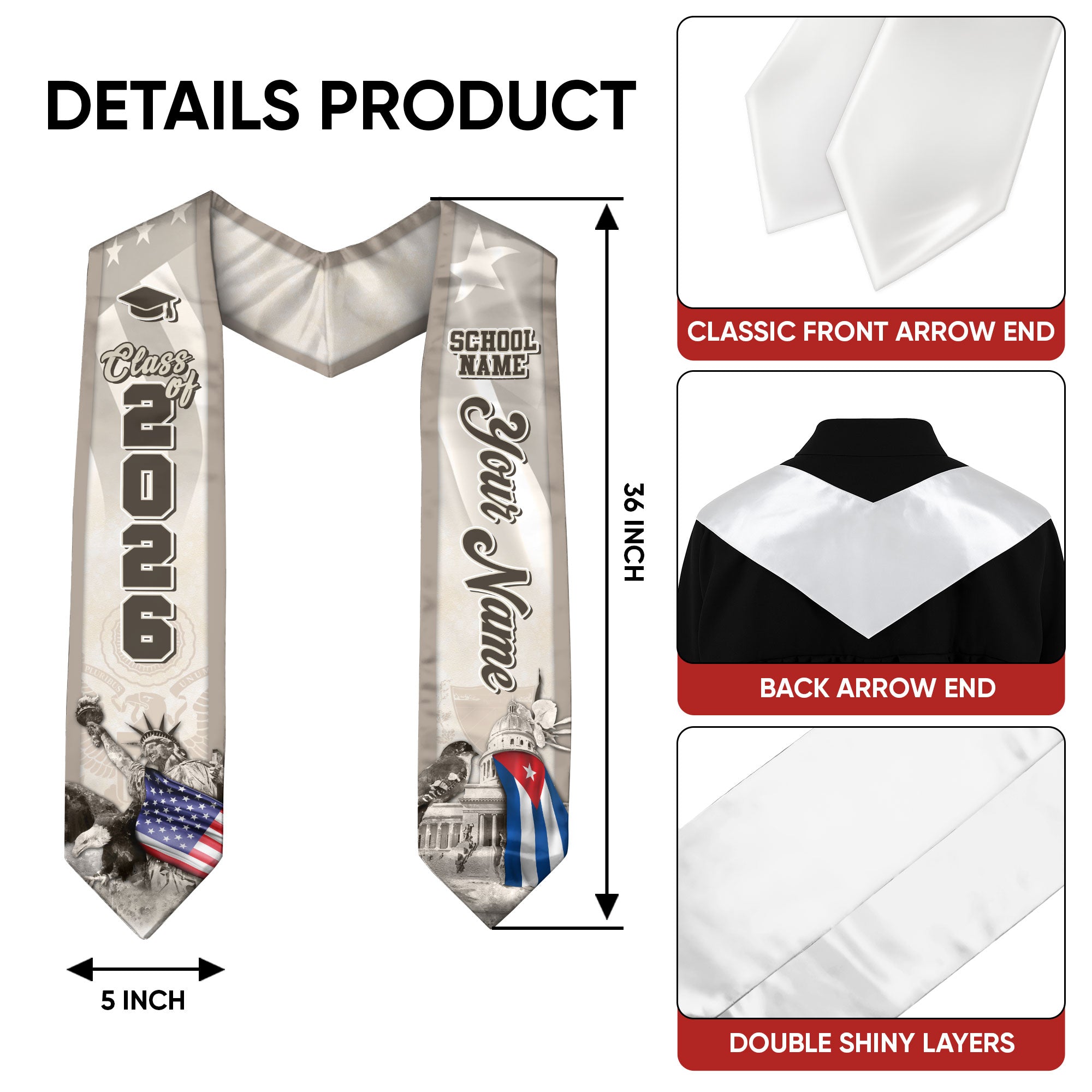 Cuban Flag Graduation Stole 2026, Cuba Stole Sash, Custom Touch for Class of 2026