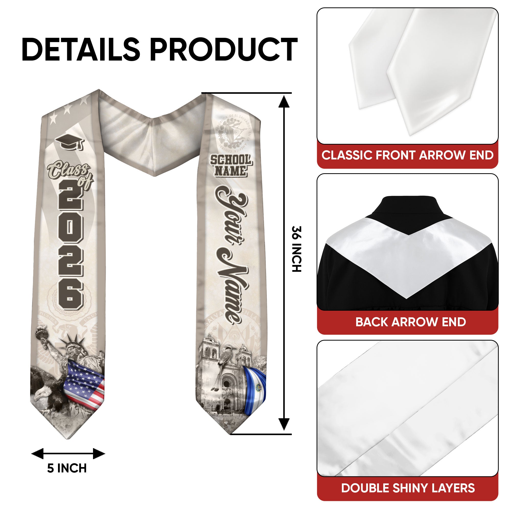 Salvadoran Flag Graduation Stole 2026, El Salvador Stole Sash, Custom Touch for 2026