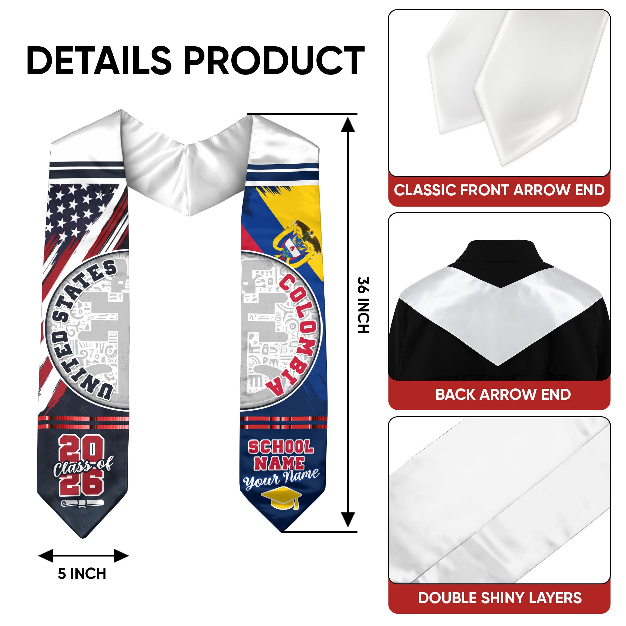 Colombia Flag Graduation Stole 2026, Colombian Grad Sash, Graduation Stole with Custom Details