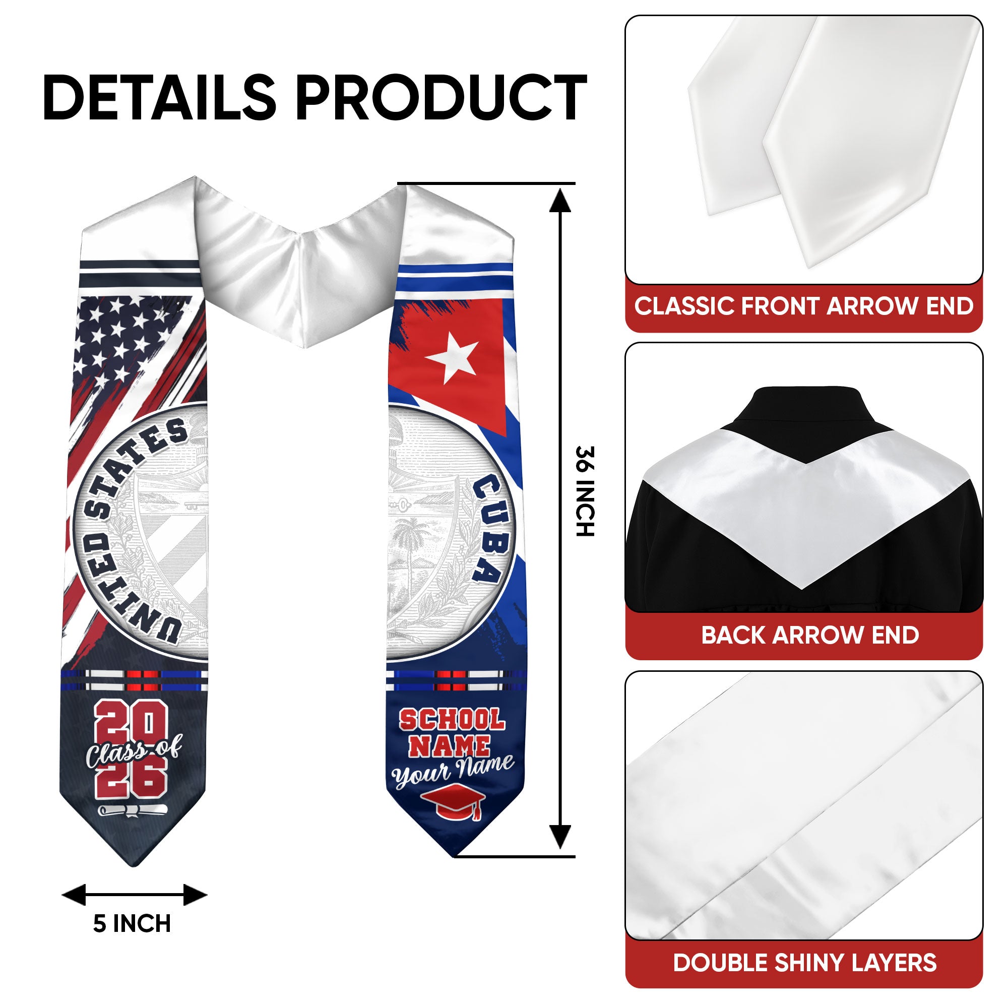 Cuba Flag Graduation Stole 2026, Cuban Grad Sash, Graduation Stole with Custom Details