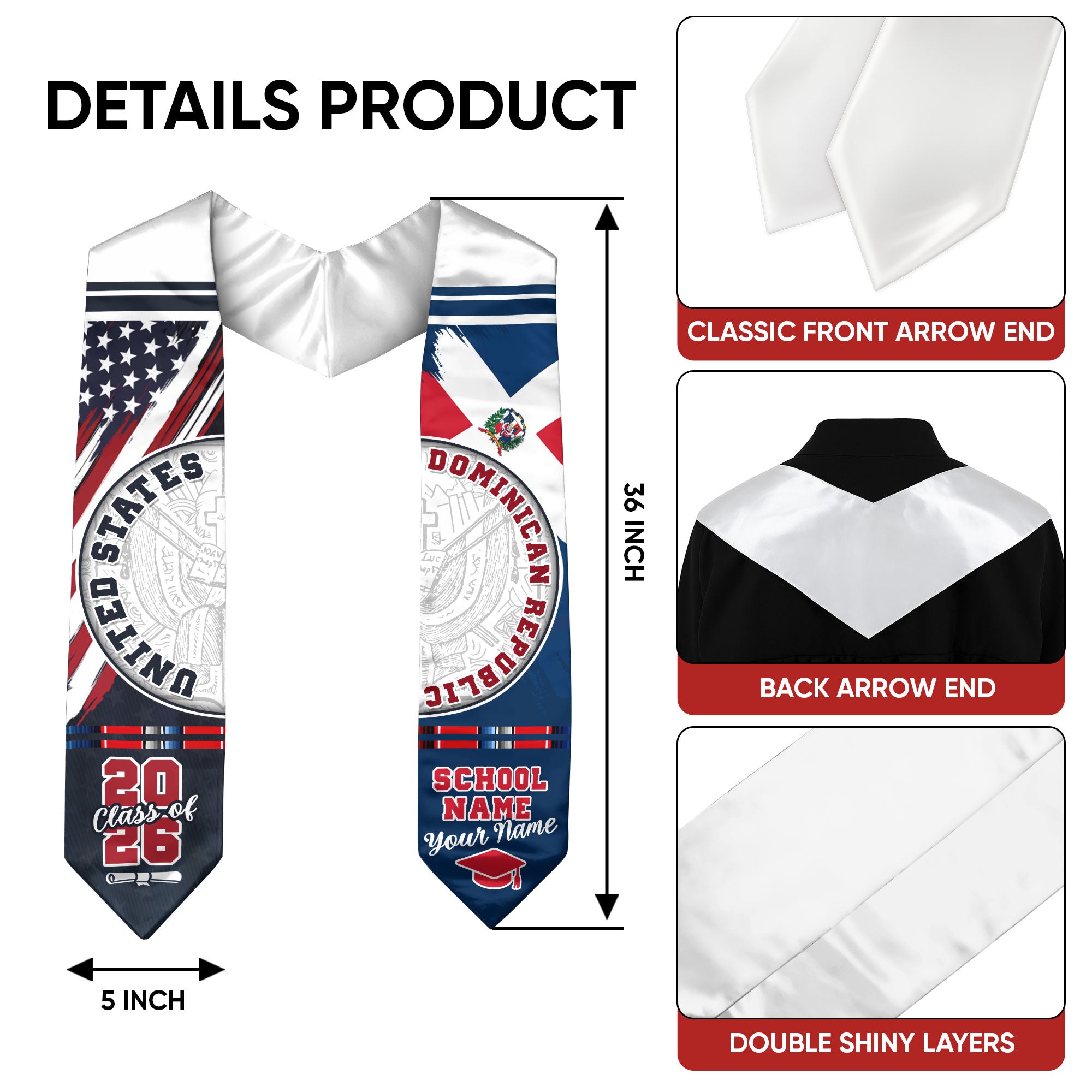 Dominican Flag Graduation Stole 2026, Dominican Grad Sash, Graduation Stole with Custom Details