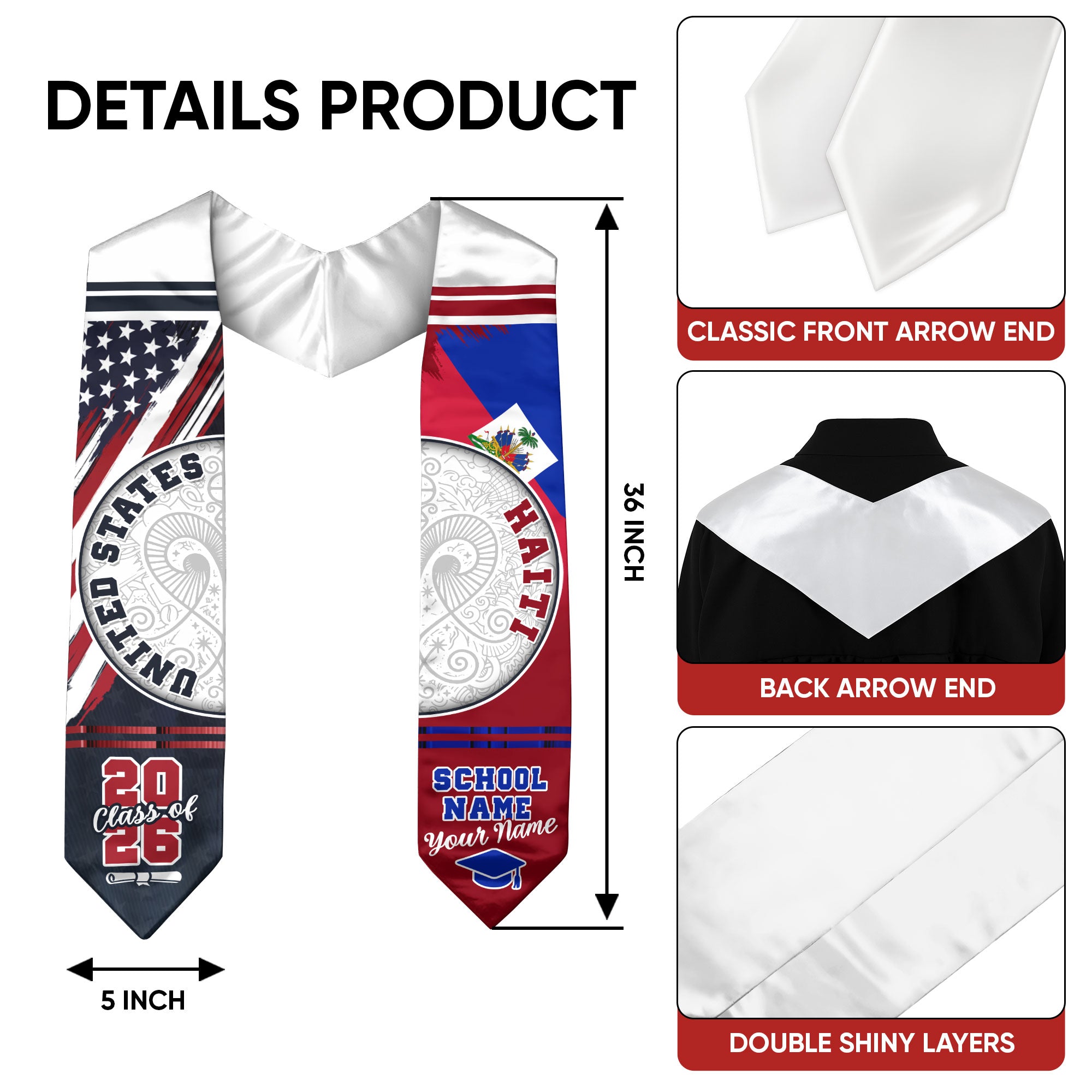 Haiti Flag Graduation Stole 2026, Haitian Grad Sash, Graduation Stole with Custom Details