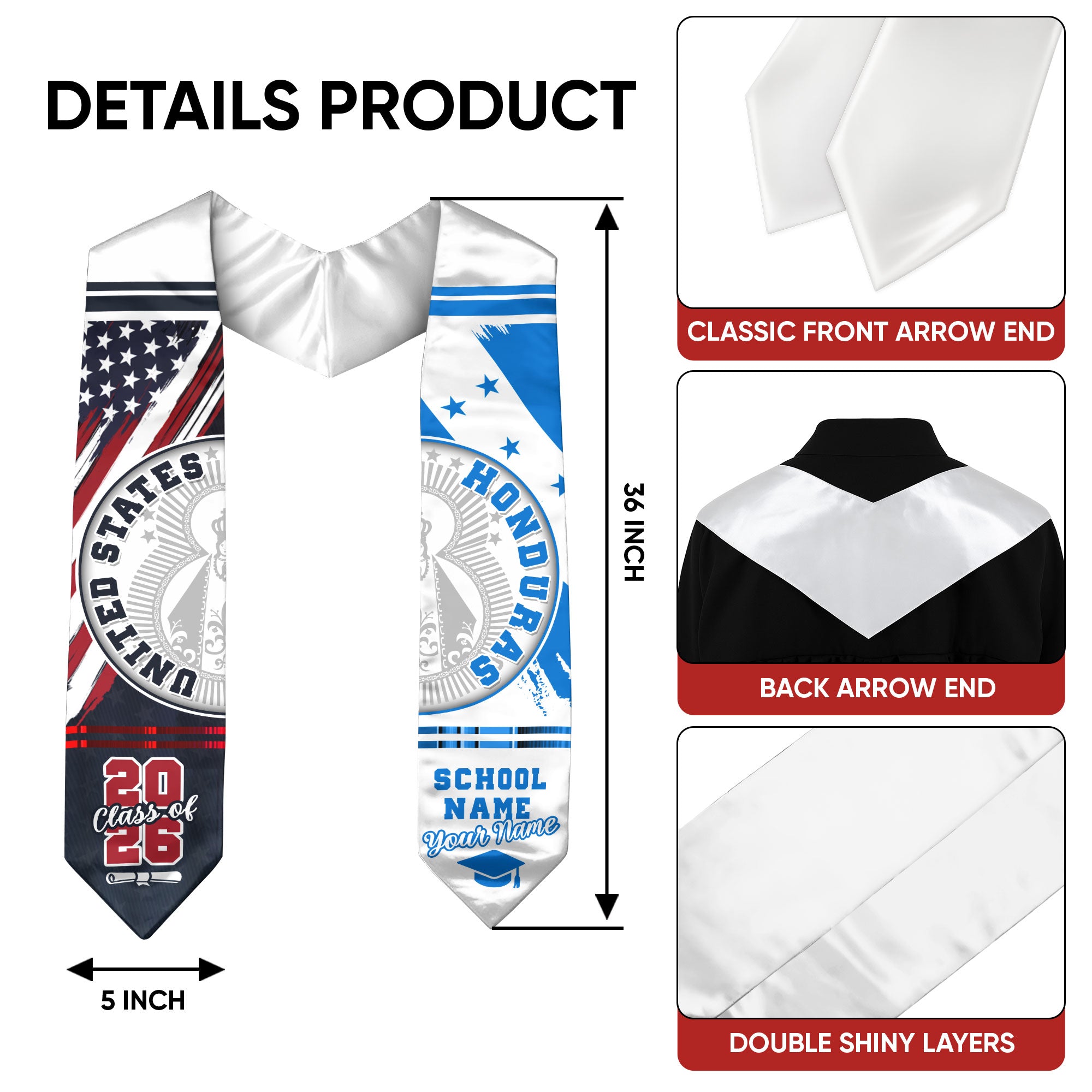 Honduras Flag Graduation Stole 2026, Honduran Grad Sash, Graduation Stole with Custom Details