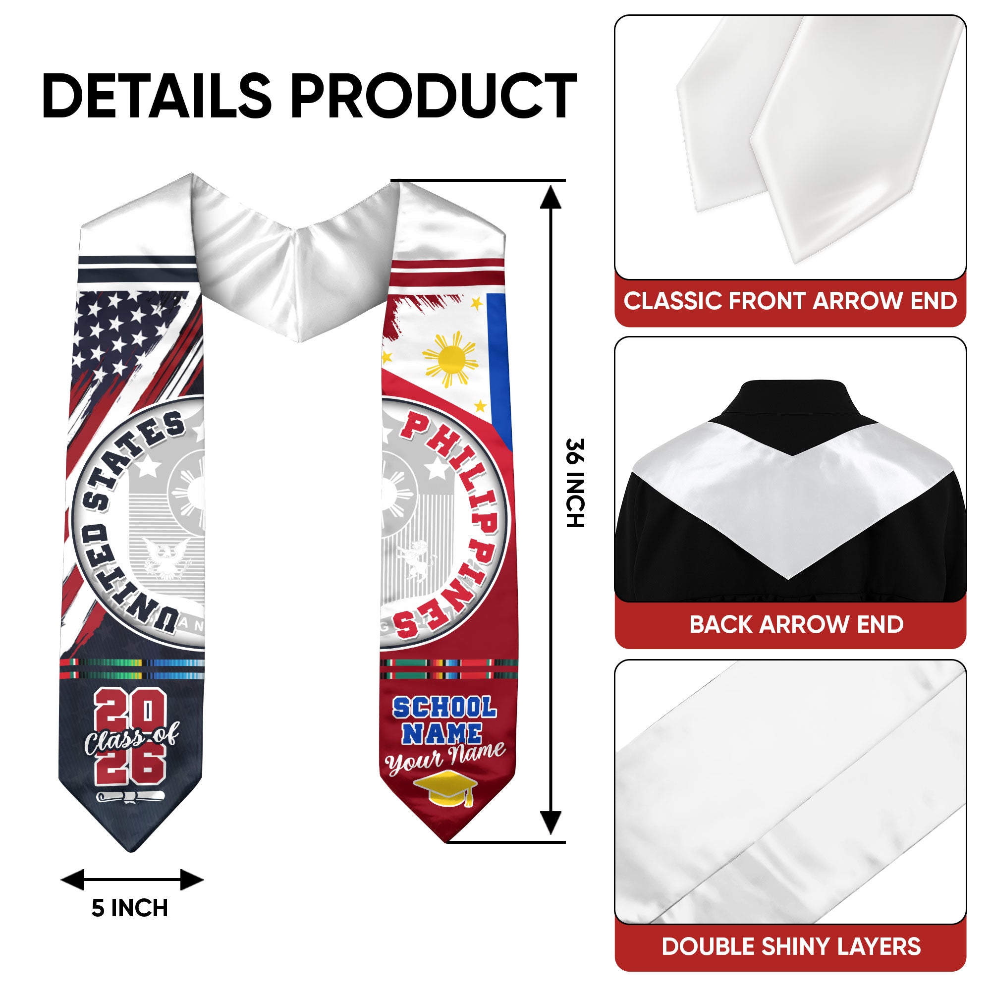 Philippines Flag Graduation Stole 2026, Filipino Grad Sash, Graduation Stole Custom Details