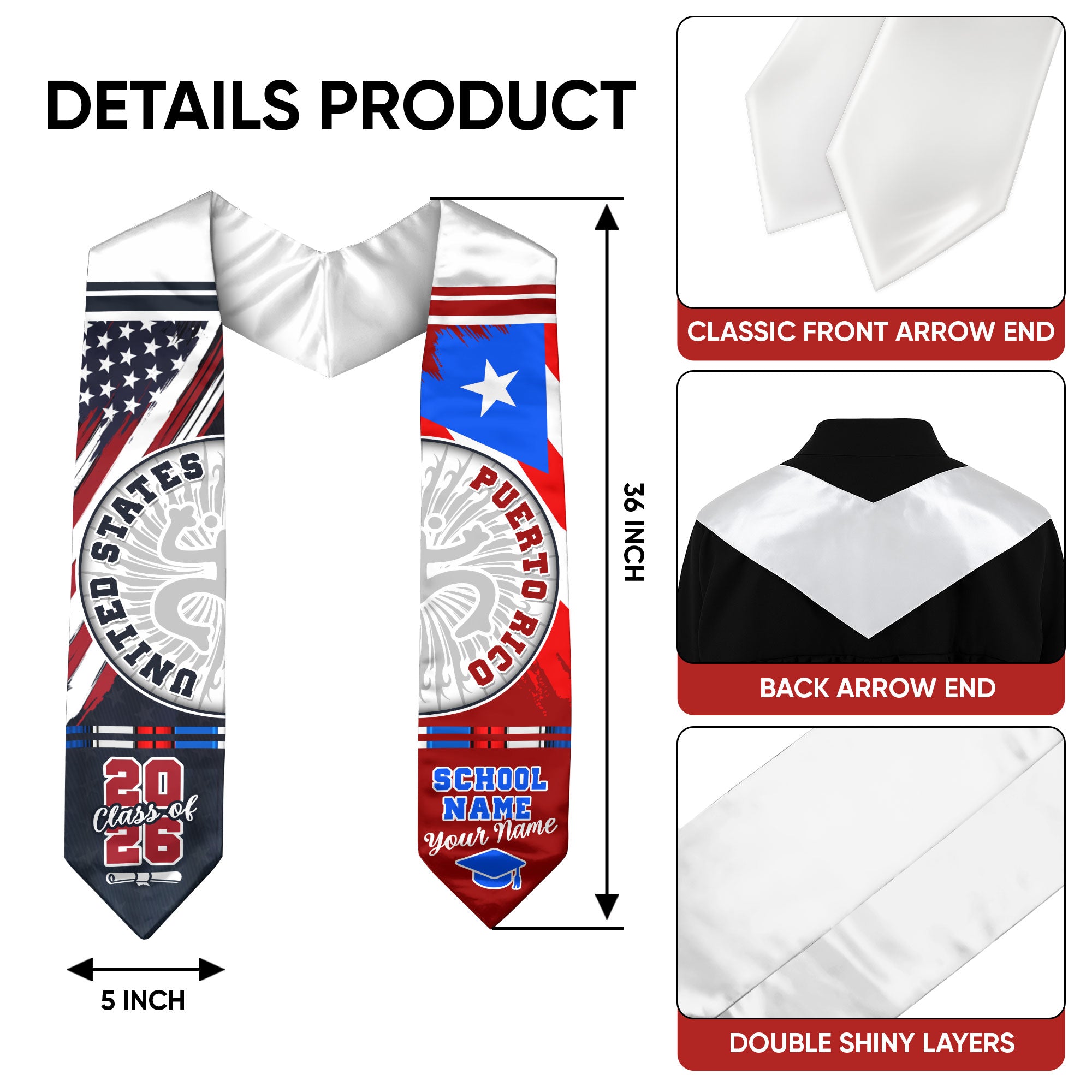 Puerto Rico Flag Graduation Stole 2026, Puerto Rican Grad Sash, Custom Details for 2026
