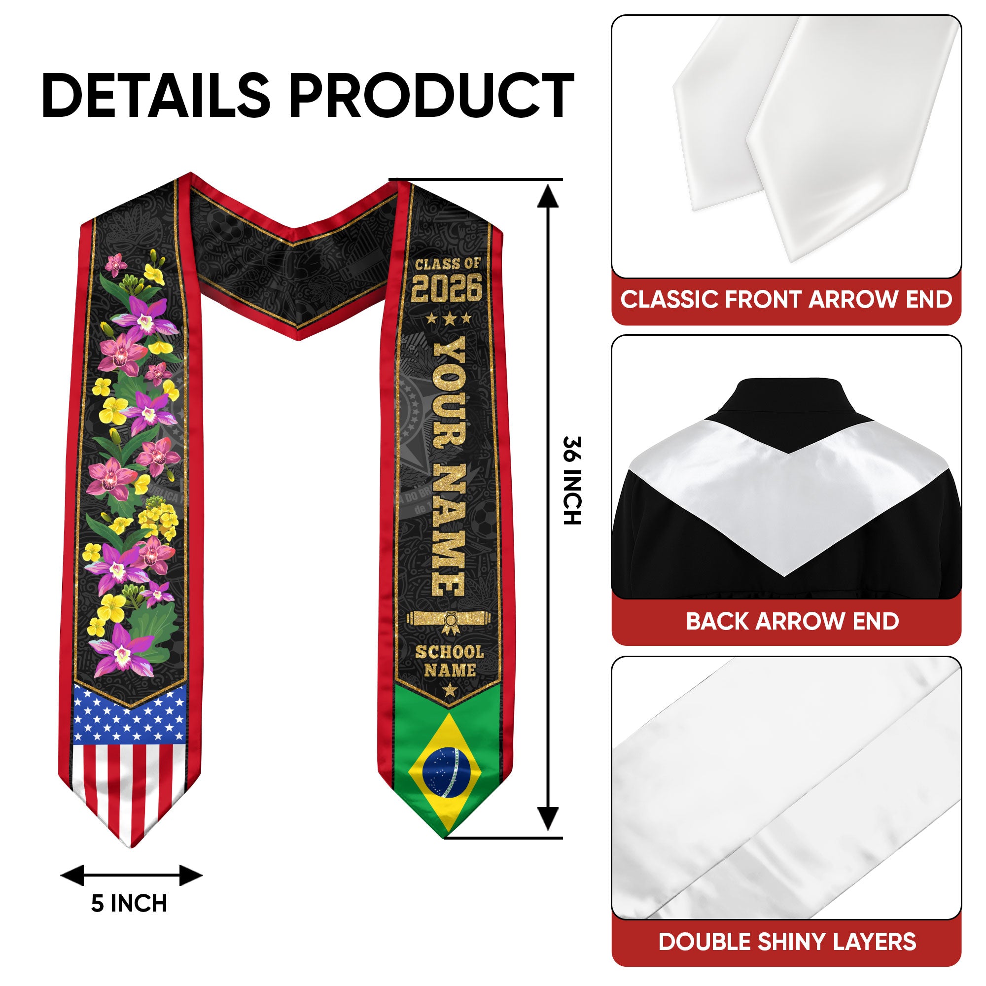 Brazil Graduation Stole 2026, Brazilian Flag Graduation Sash, Custom Grad Stole 2026