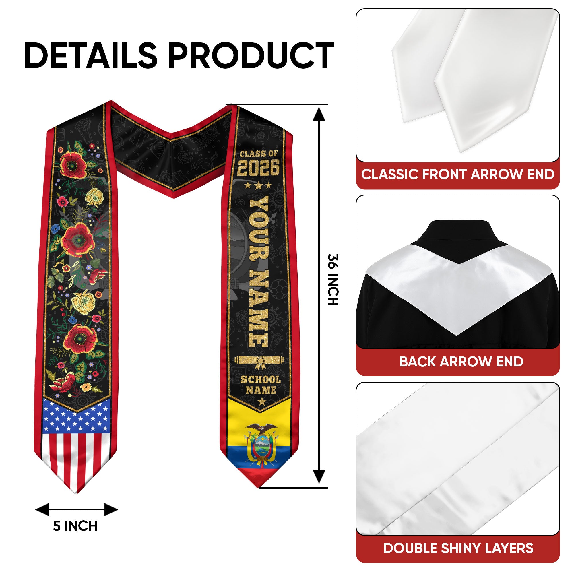 Ecuador Graduation Stole 2026, Ecuadorian Flag Graduation Sash, Custom Grad Stole 2026