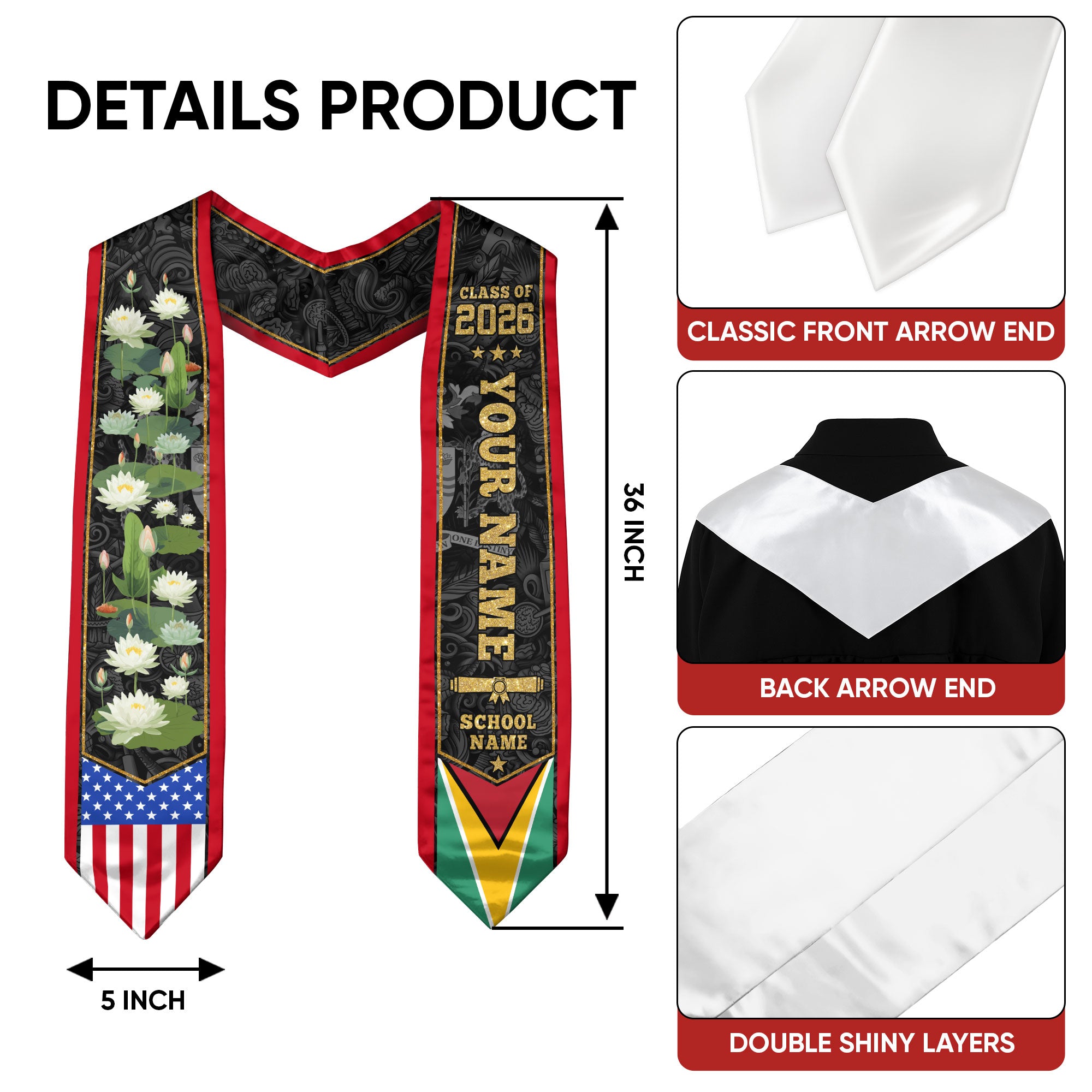 Guyana Graduation Stole 2026, Guyanese Flag Graduation Sash, Custom Grad Stole 2026
