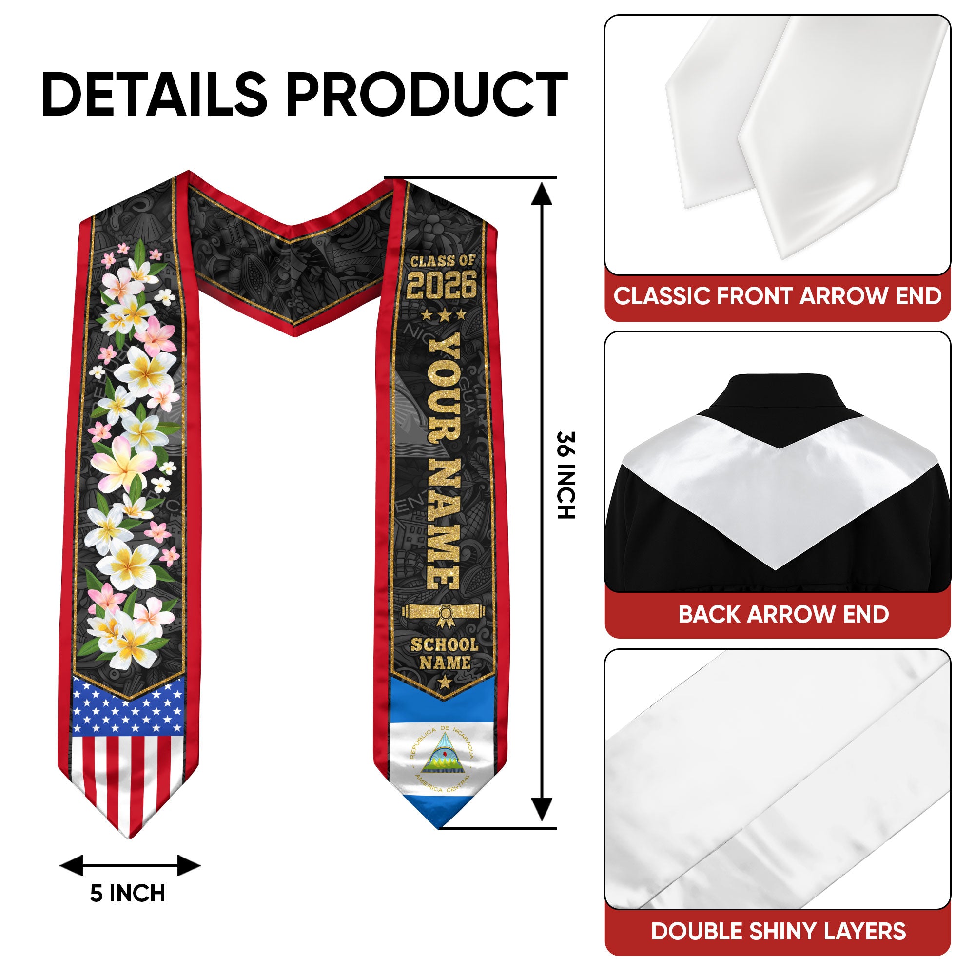 Nicaragua Graduation Stole 2026, Nicaraguan Flag Sash, Graduation Stole with Custom Accent