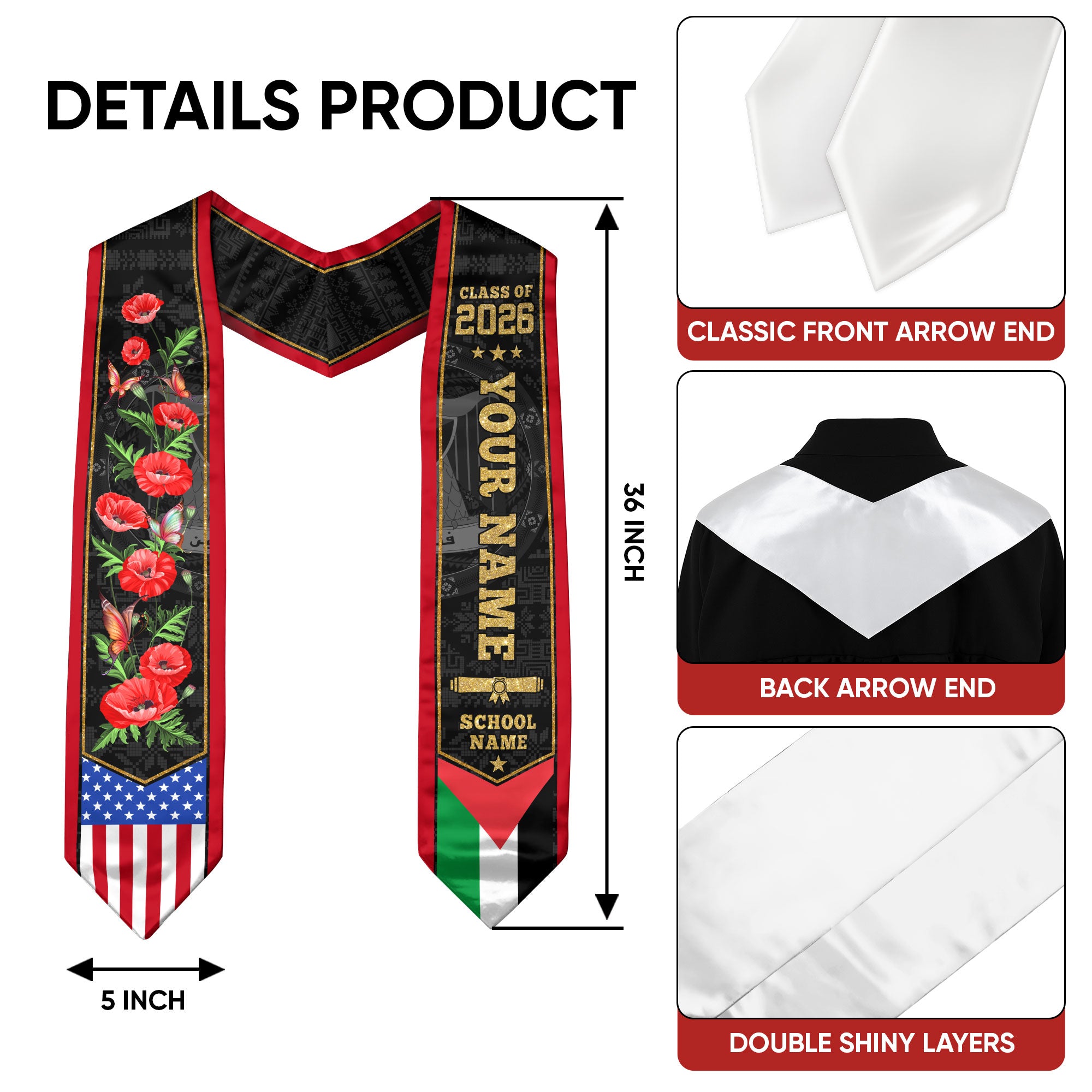 Palestine Graduation Stole 2026, Palestinian Flag Sash, Graduation Stole with Custom Accent