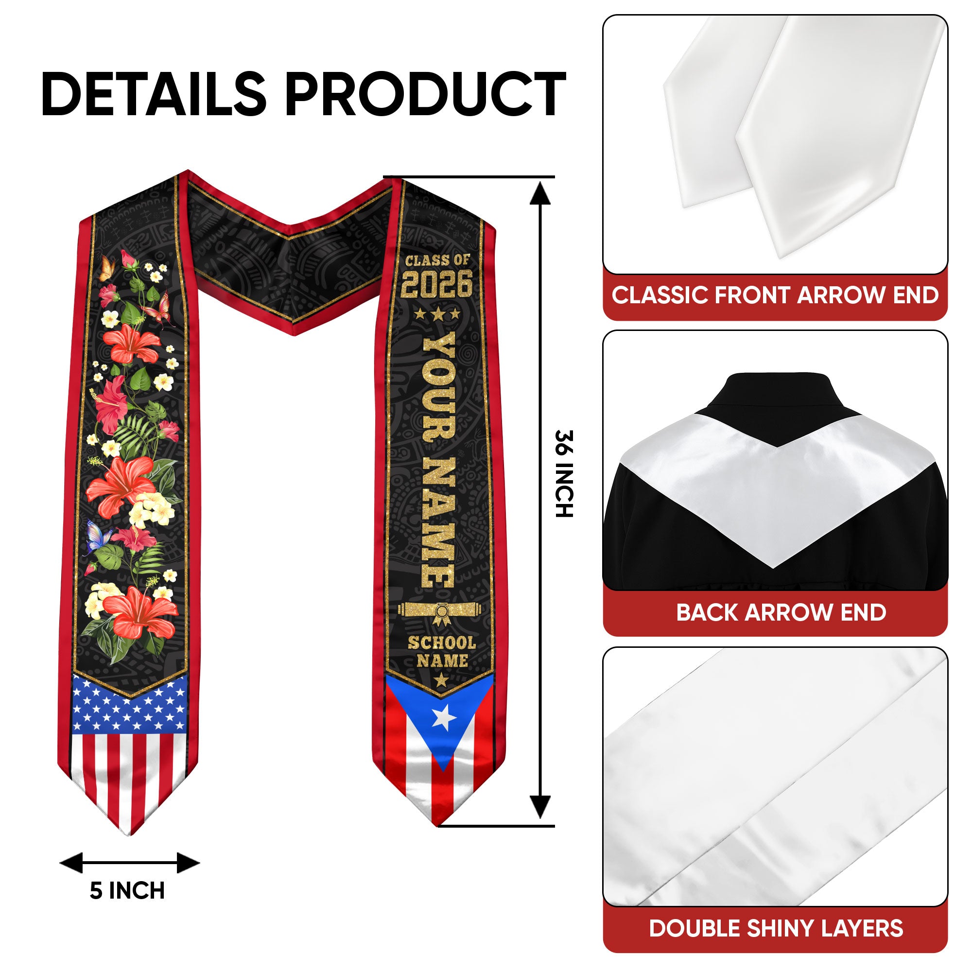 Puerto Rico Graduation Stole 2026, Puerto Rican Flag Sash, Stole with Custom Accent