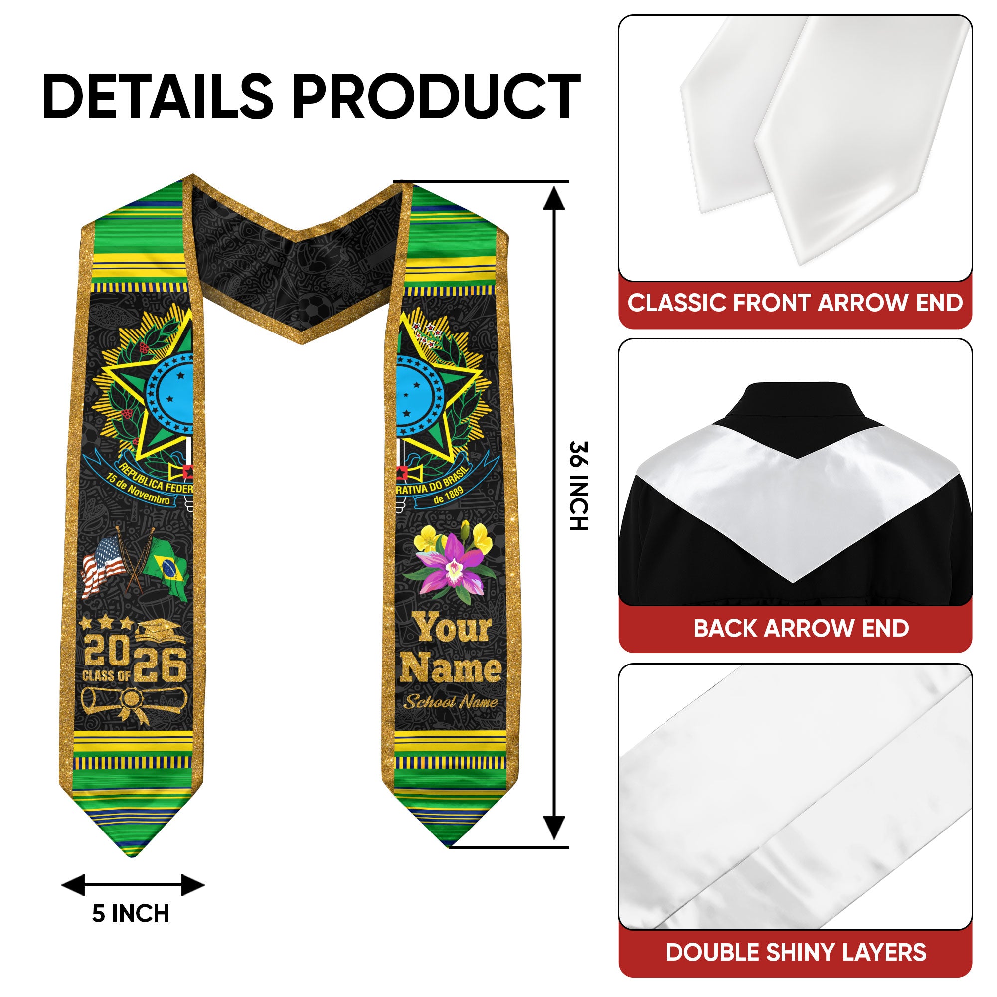 Brazilian Flag Graduation Sash 2026, Brazil Graduation Stole, Custom Graduation Stole