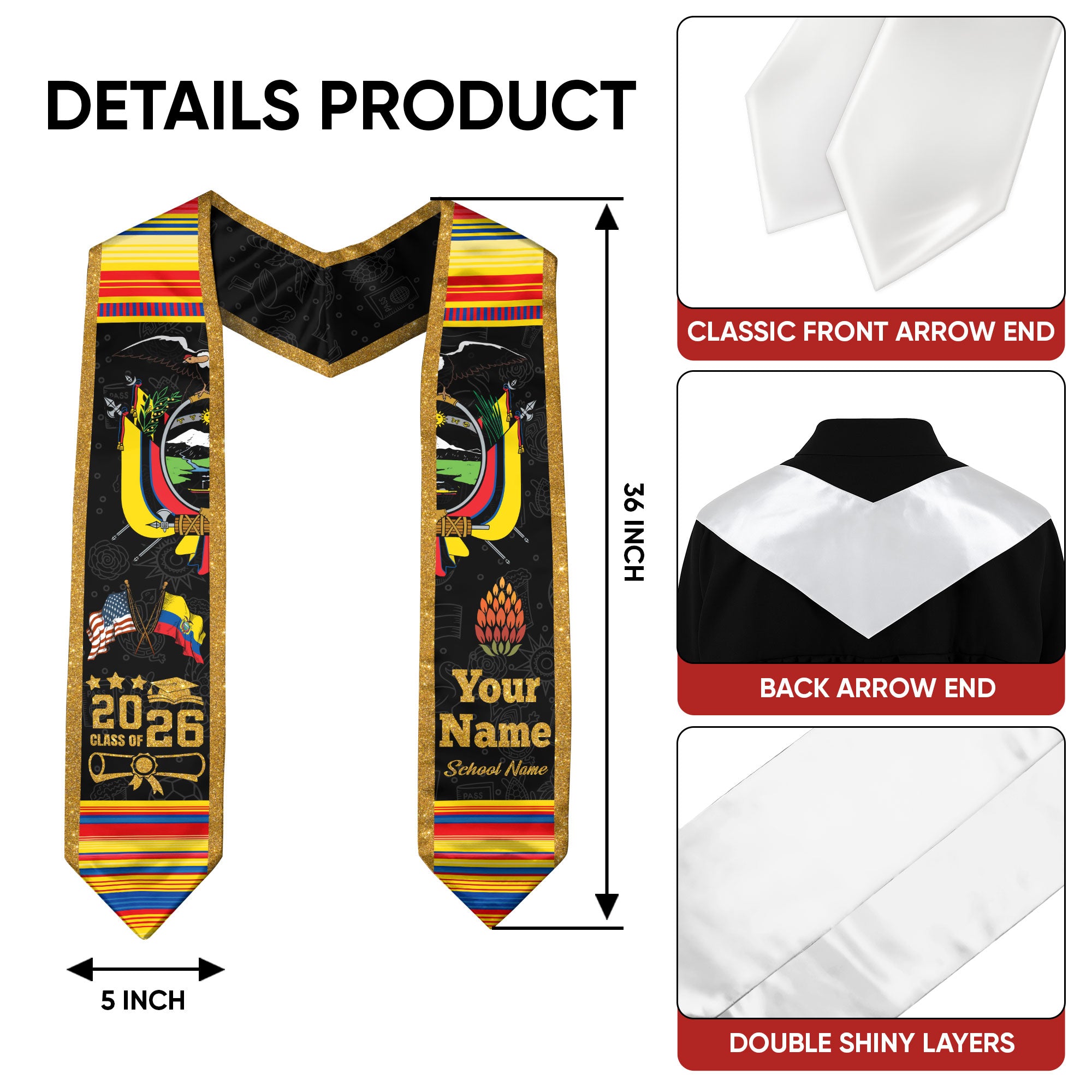 Ecuadorian Flag Graduation Sash 2026, Ecuador Graduation Stole, Custom Graduation Stole