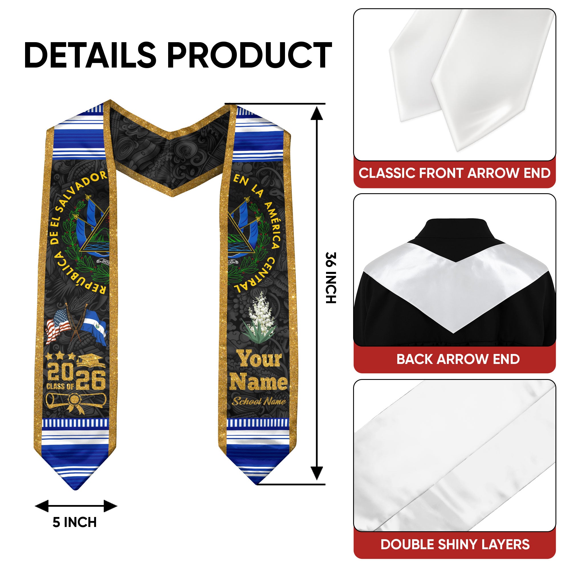 Salvadoran Flag Graduation Sash 2026, El Salvador Stole for Graduates, Grad Stole