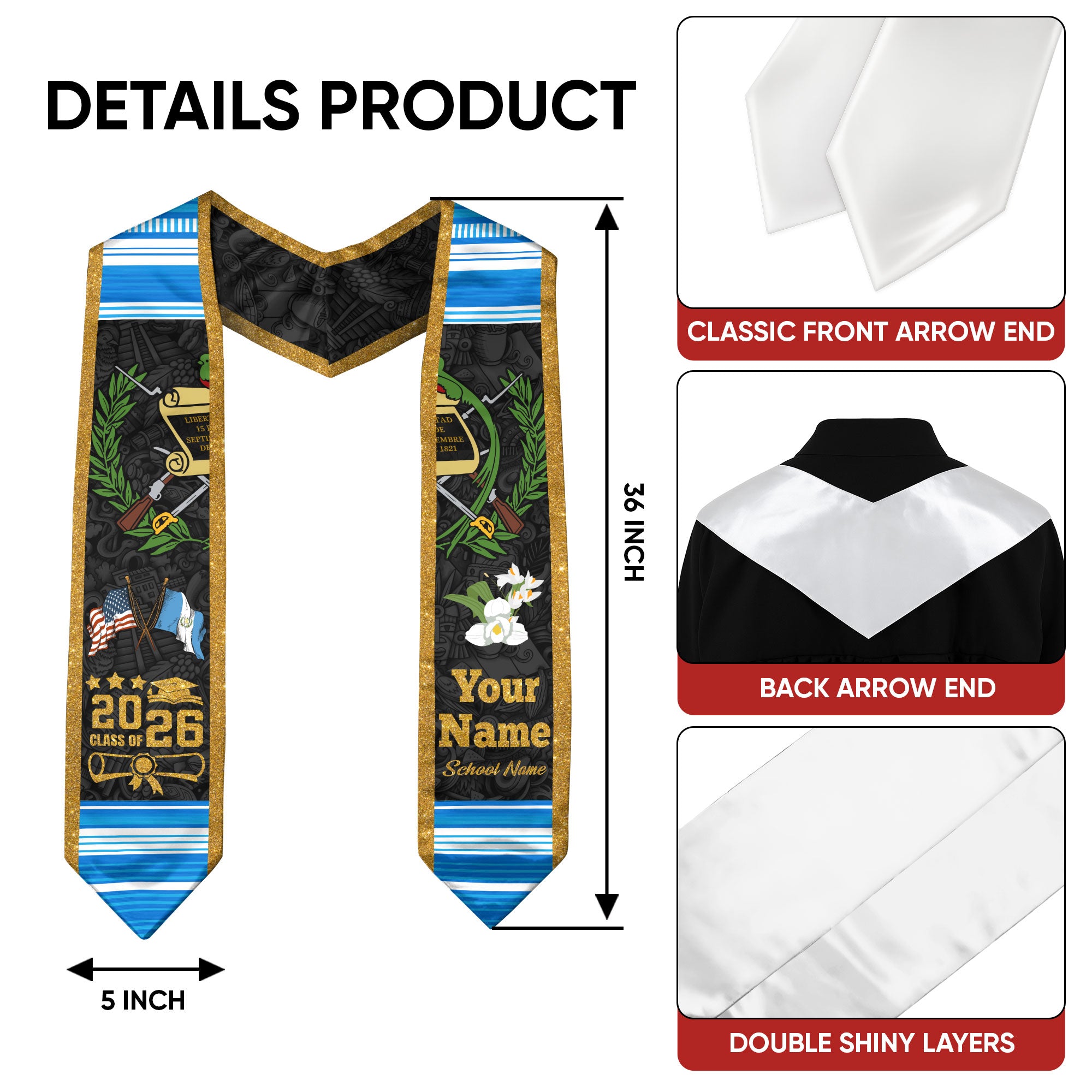 Customized Guatemala Graduation Stole 2026, Guatemalan Flag Sash, Unique Custom Graduation Design