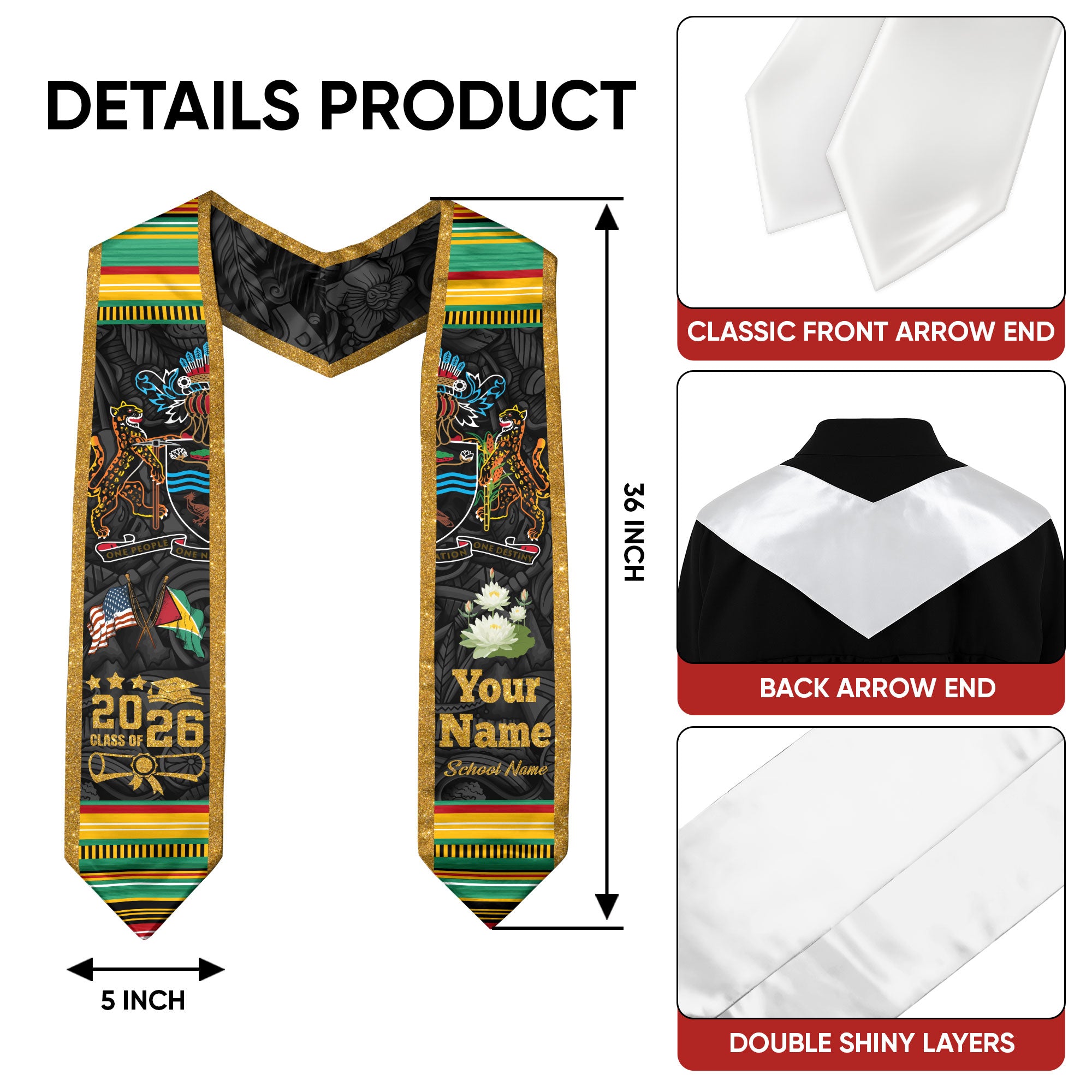 Guyanese Flag Graduation Sash 2026, Guyana Graduation Stole, Custom Graduation Stole
