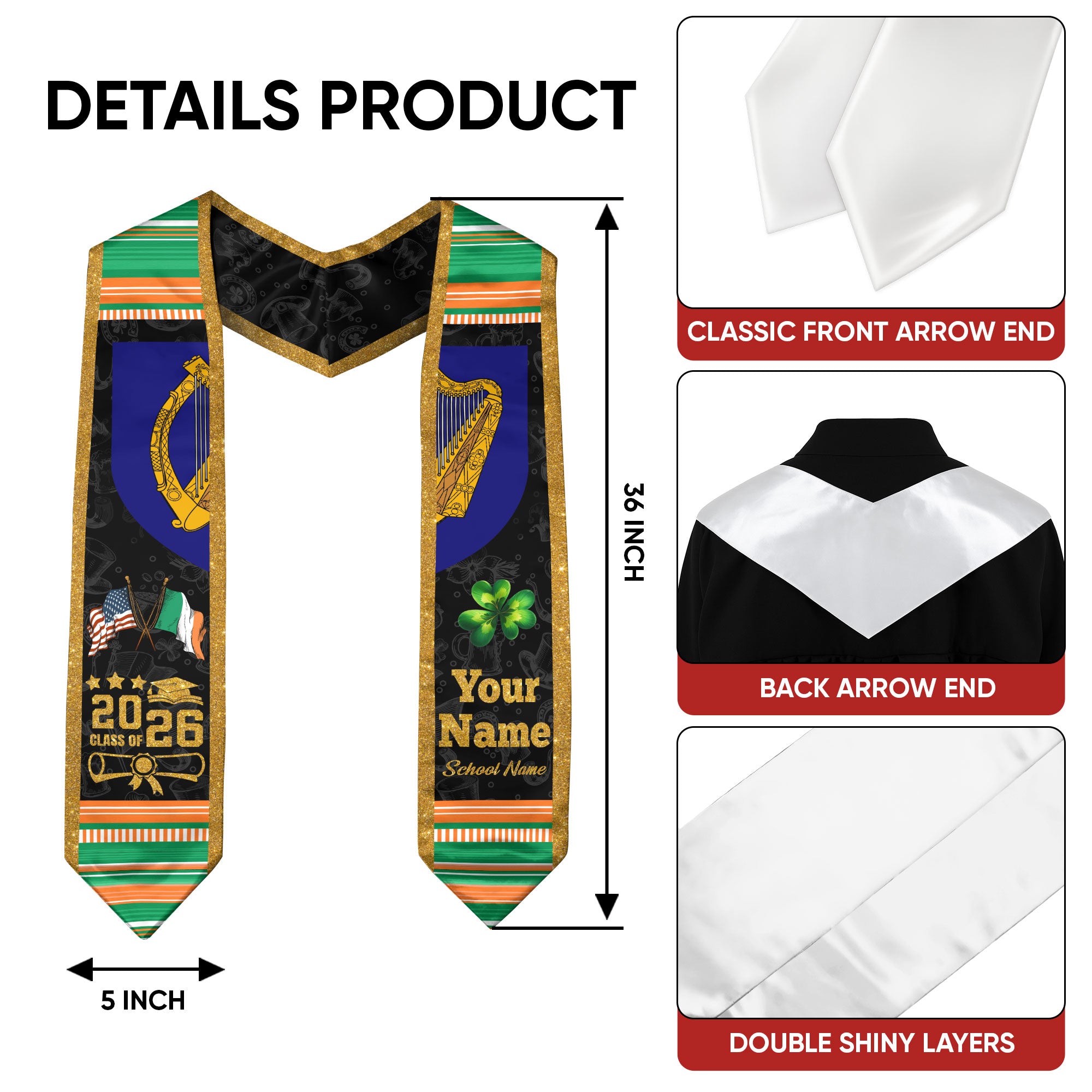 Irish Flag Graduation Sash 2026, Ireland Graduation Stole, Custom Graduation Stole 2026