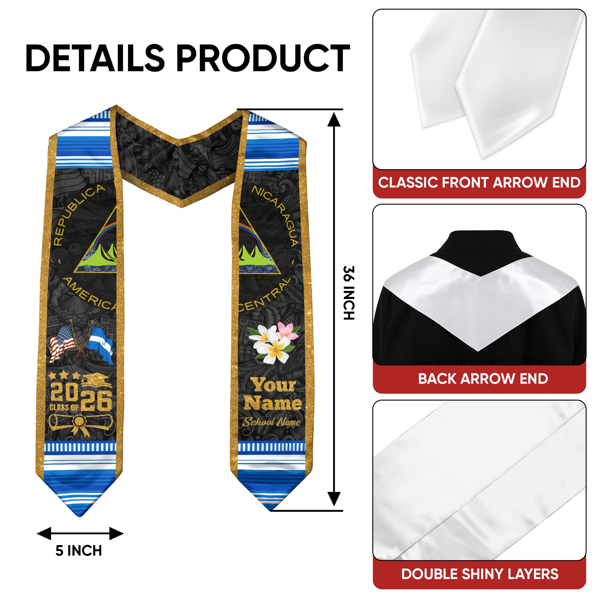 Nicaraguan Flag Graduation Sash 2026, Nicaragua Graduation Stole, Customizable Detail Sash