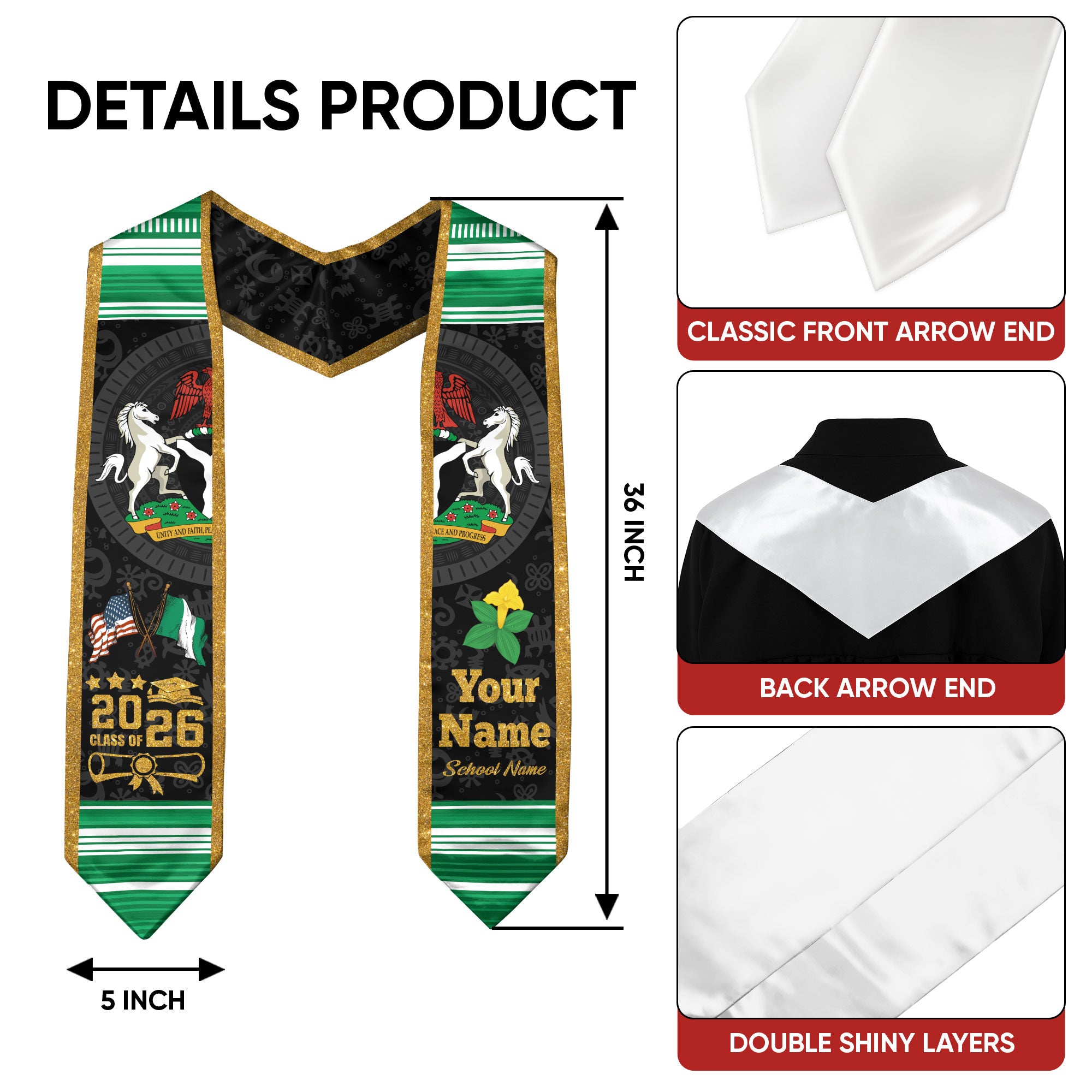 Nigerian Flag Graduation Sash 2026, Nigeria Graduation Stole, Customizable Detail Sash