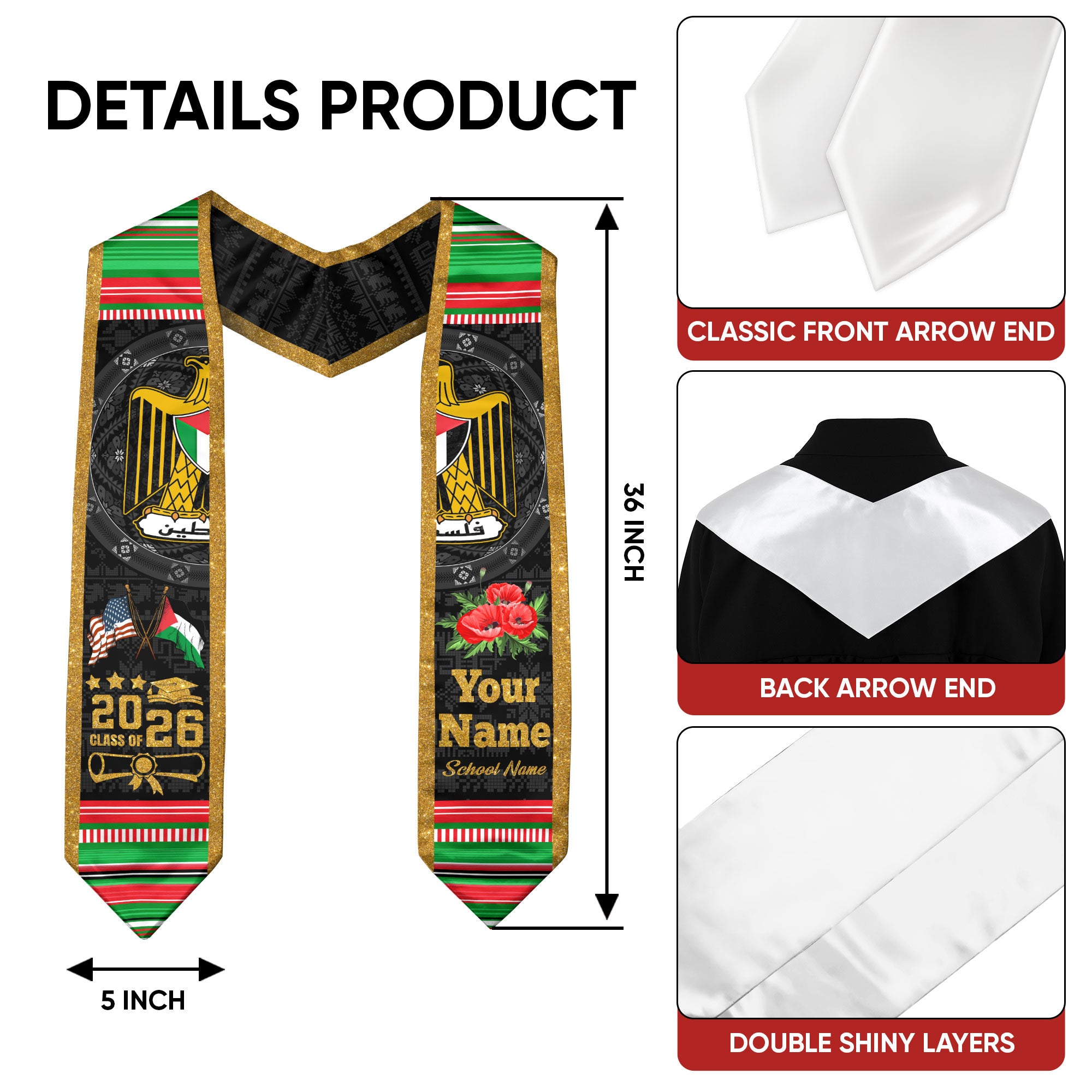 Palestinian Flag Graduation Sash 2026, Palestine Graduation Stole, Customizable Detail Sash