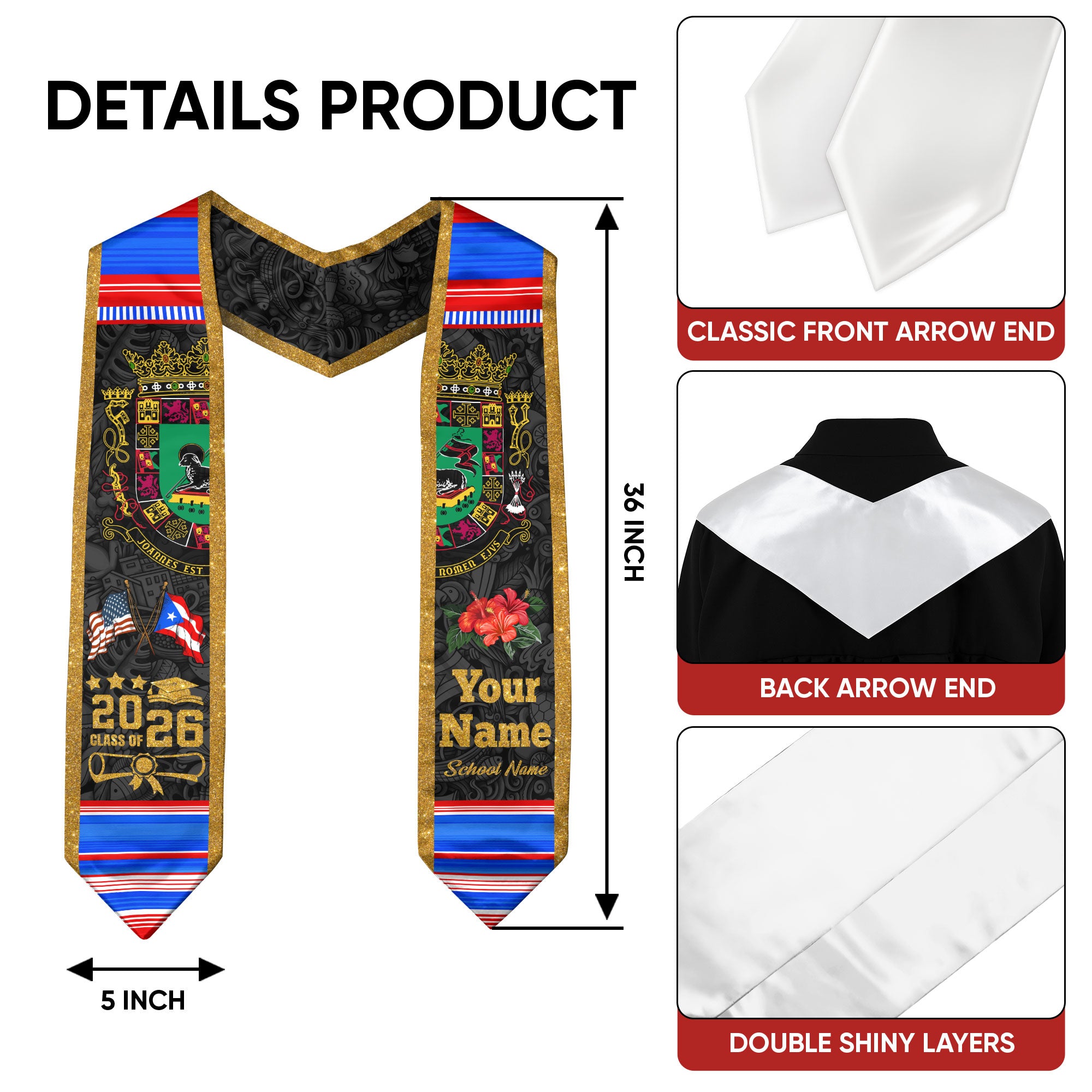 Puerto Rican Flag Graduation Sash 2026, Puerto Rico Stole, Customizable Detail Sash