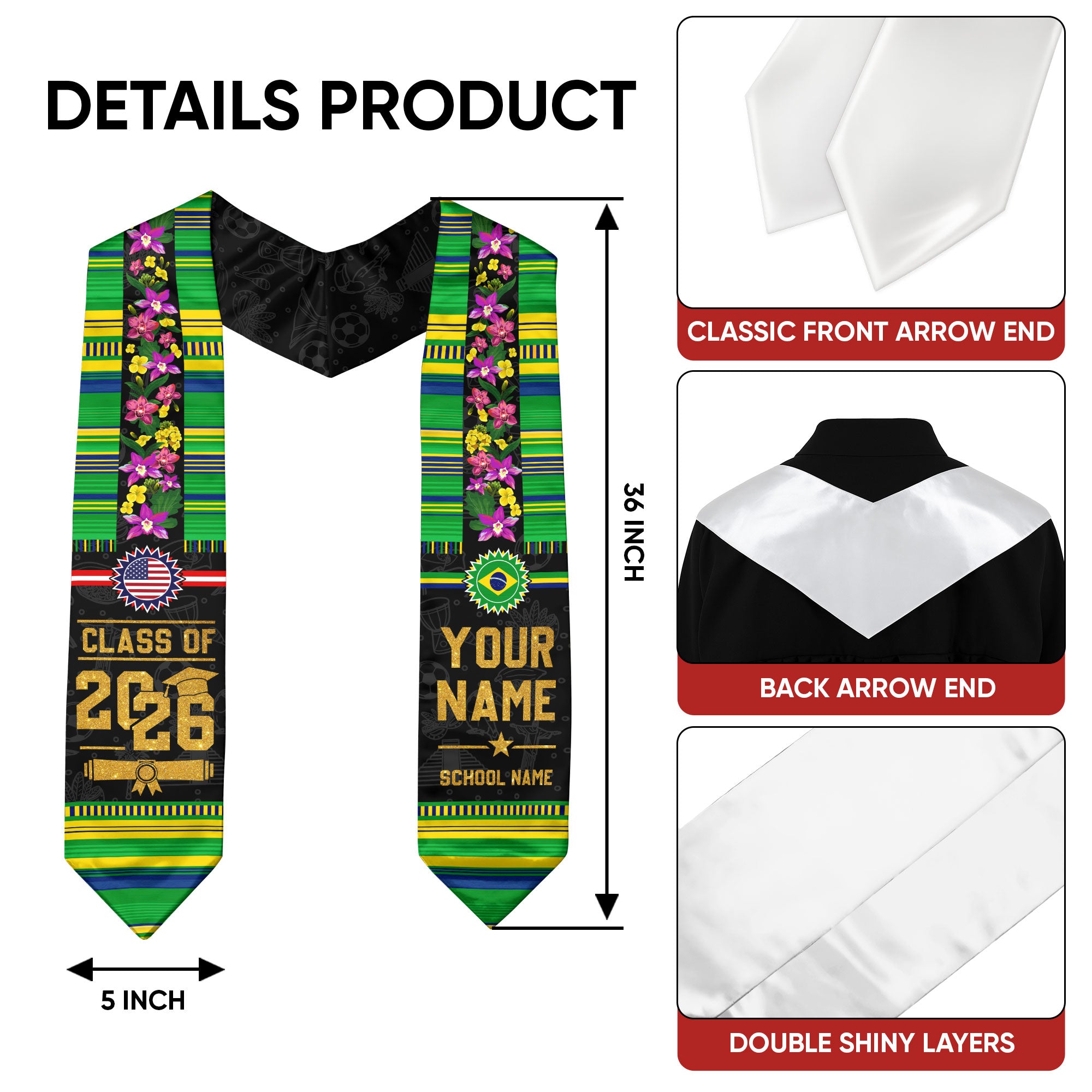 Brazil Flag Graduation Stole 2026, Brazil Stole Sash, Custom Grad Sash for Class of 2026